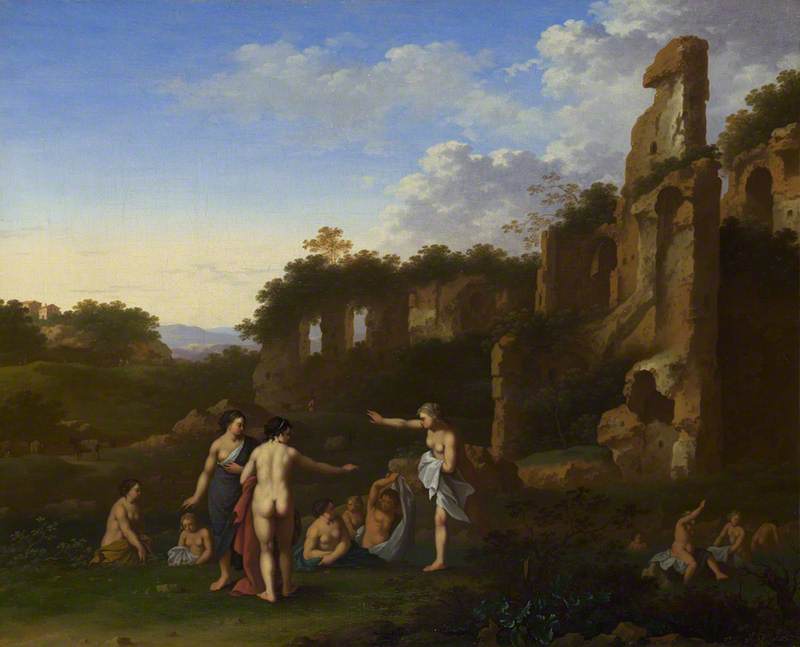 Wikioo.org – La Enciclopedia de las Bellas Artes - Pintura, Obras de arte de Cornelis Van Poelenburgh - mujeres bañandose en un paisaje