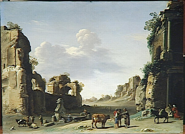 Wikioo.org - The Encyclopedia of Fine Arts - Painting, Artwork by Cornelis Van Poelenburgh - VUE DE FANTAISIE DU CAMPO VACCINO A ROME AVEC UN ANE