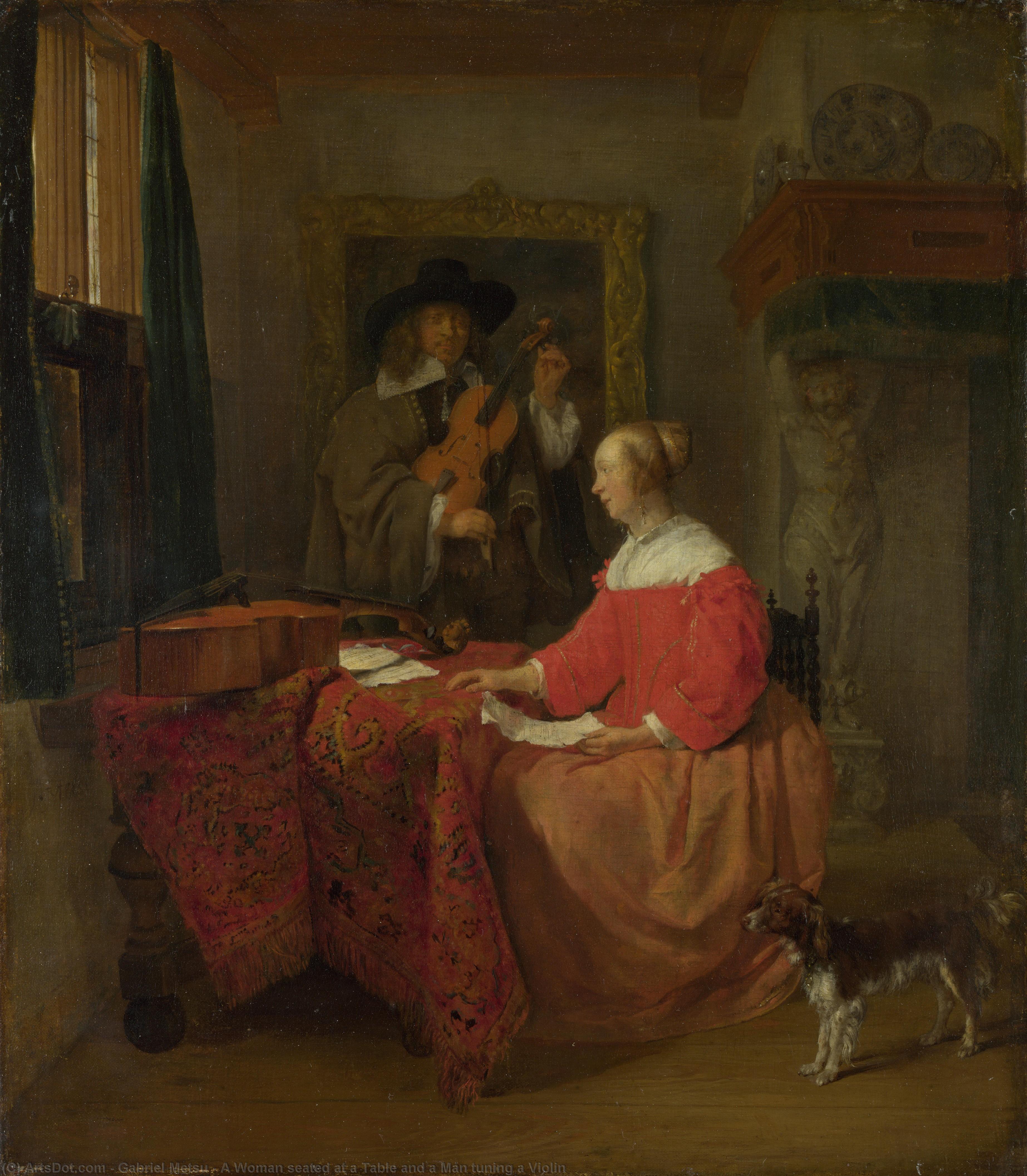 Wikioo.org - The Encyclopedia of Fine Arts - Painting, Artwork by Gabriel Metsu - A Woman seated at a Table and a Man tuning a Violin