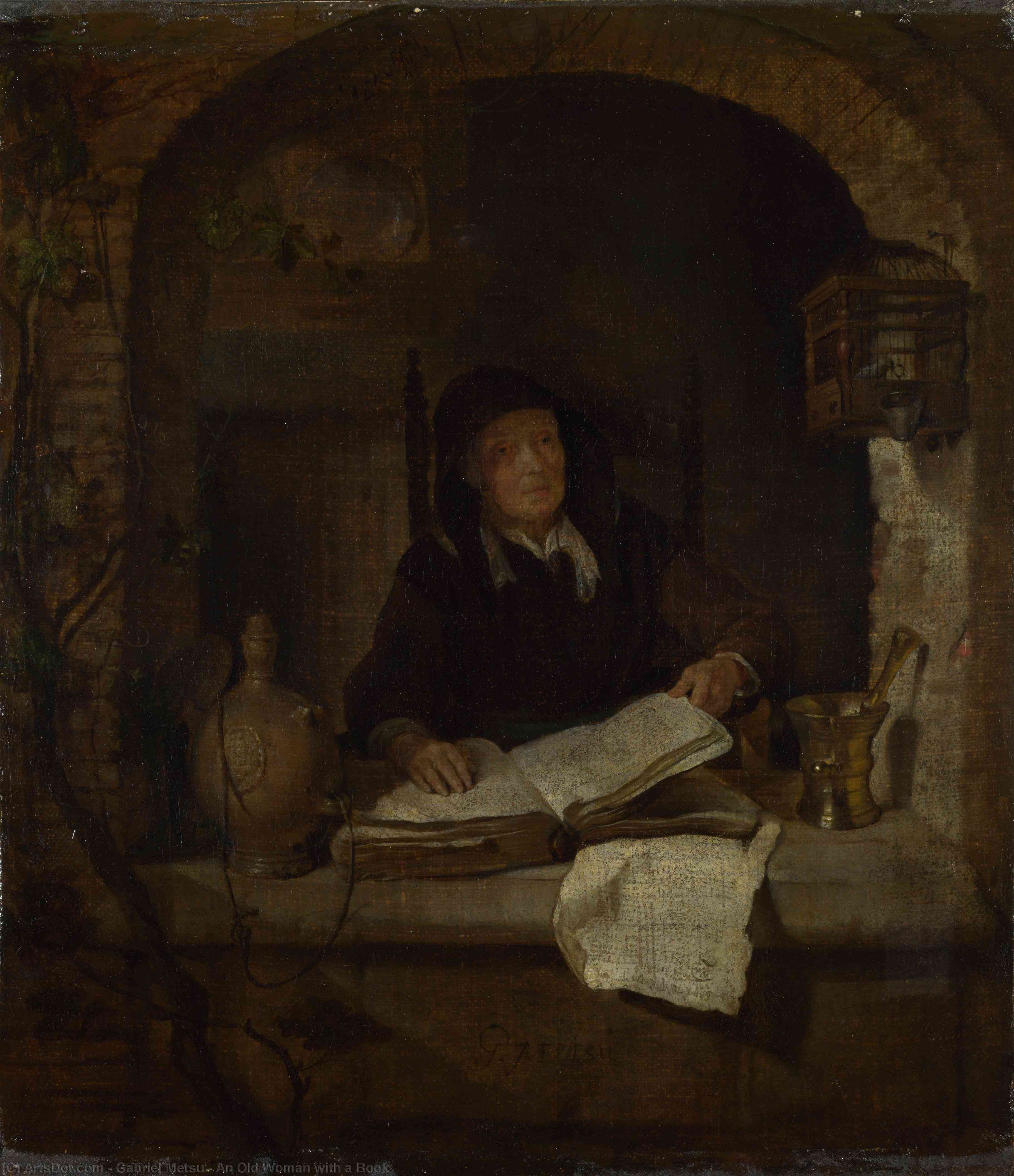 Wikioo.org - The Encyclopedia of Fine Arts - Painting, Artwork by Gabriel Metsu - An Old Woman with a Book