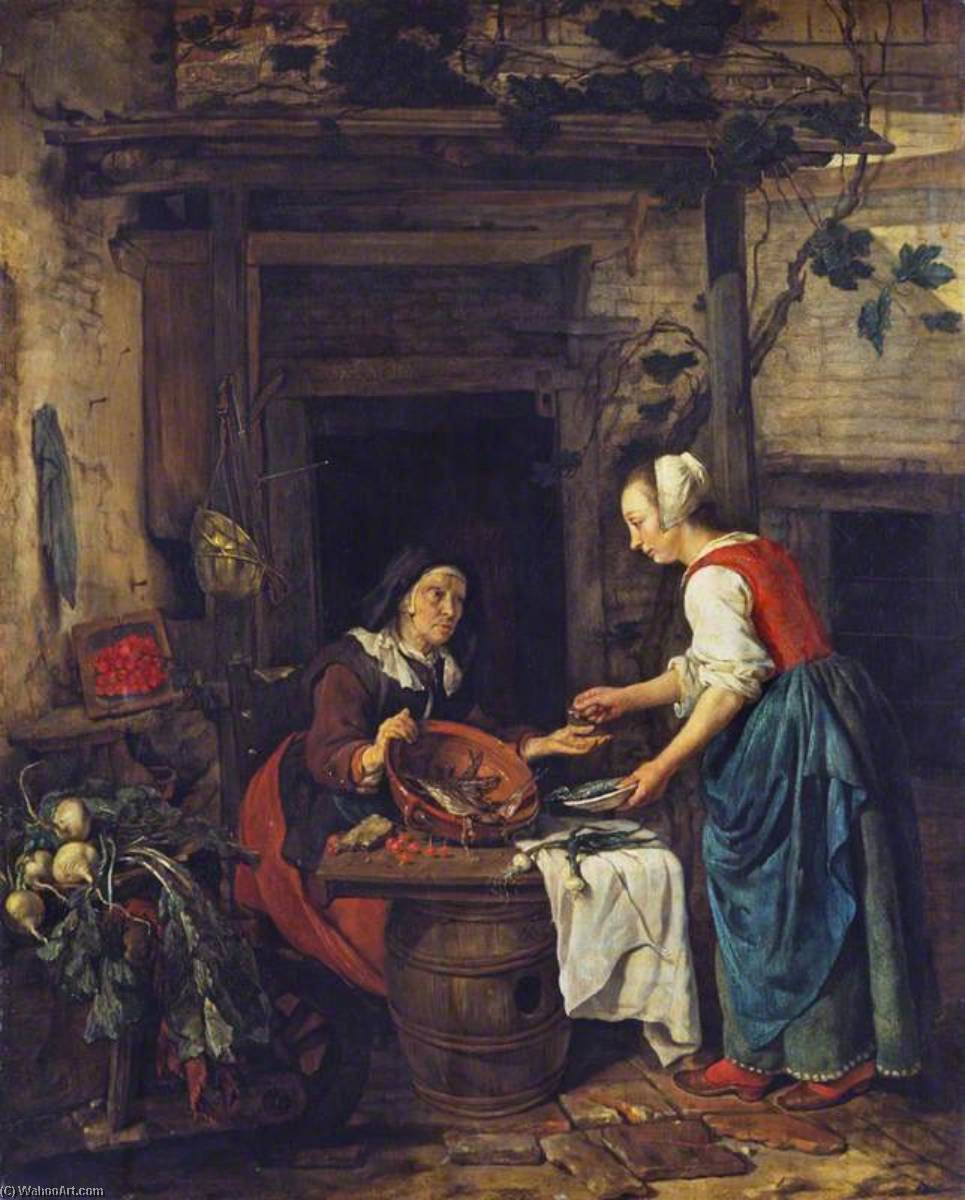 Wikioo.org - The Encyclopedia of Fine Arts - Painting, Artwork by Gabriel Metsu - An Old Woman Selling Fish