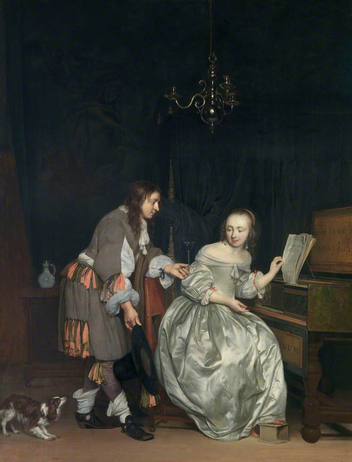 Wikioo.org - The Encyclopedia of Fine Arts - Painting, Artwork by Gabriel Metsu - Interior with a Lady at a Spinet and a Gentleman Offering Her a Glass of Wine