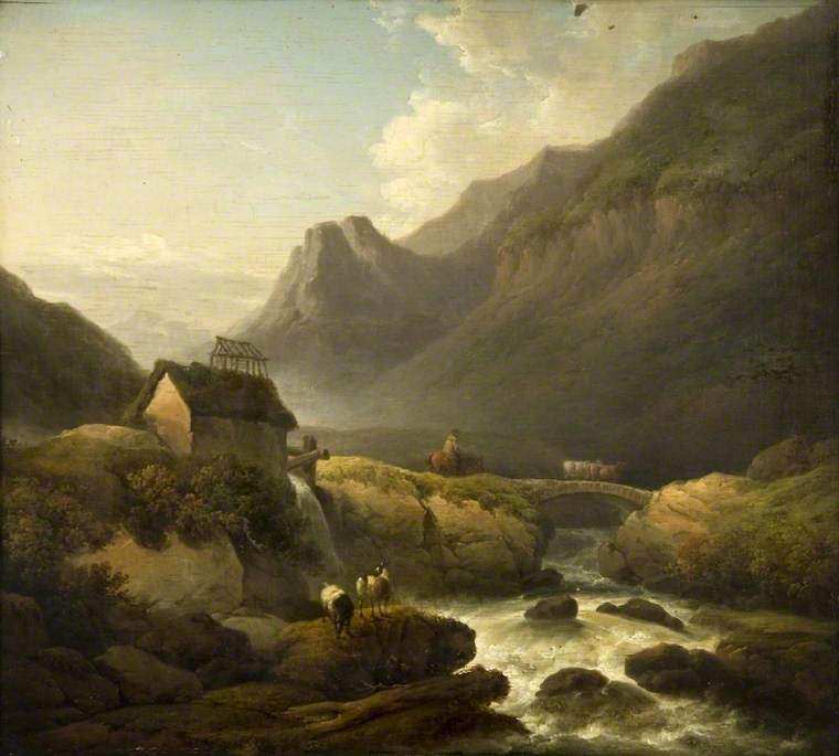 Wikioo.org - The Encyclopedia of Fine Arts - Painting, Artwork by John Rathbone - A Mountain Stream with a Peasant Driving Cattle over a Rustic Bridge