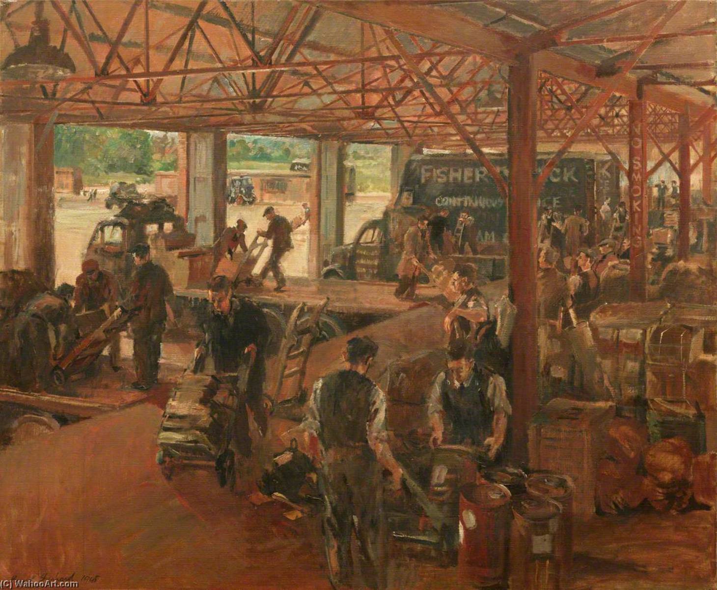 Wikioo.org - The Encyclopedia of Fine Arts - Painting, Artwork by Rupert Shephard - A Lorry Depot Long Distance and Local Lorries Loading and Unloading at the 'Bank'