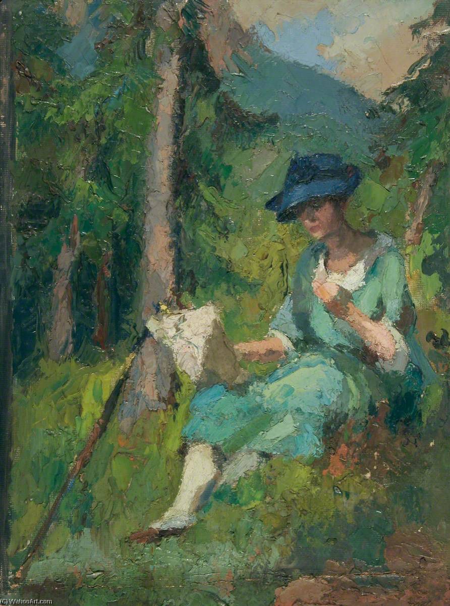 Wikioo.org - The Encyclopedia of Fine Arts - Painting, Artwork by Walter Dexter - Sketch of a Seated Woman in a Blue Hat