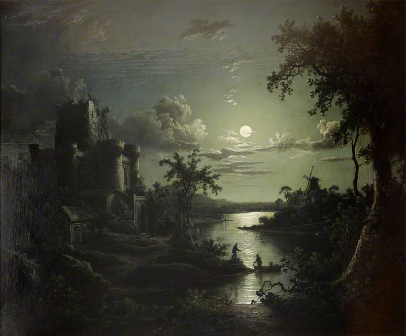 Wikioo.org - The Encyclopedia of Fine Arts - Painting, Artwork by Sebastian Pether - Moonlit River Landscape with a Castle, a Windmill, and Boatmen