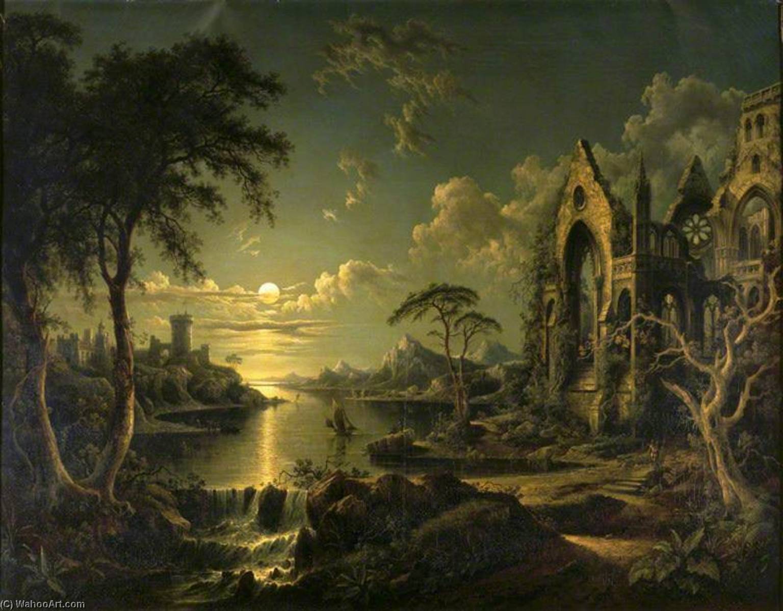 Wikioo.org - The Encyclopedia of Fine Arts - Painting, Artwork by Sebastian Pether - A Ruined Gothic Church beside a River by Moonlight