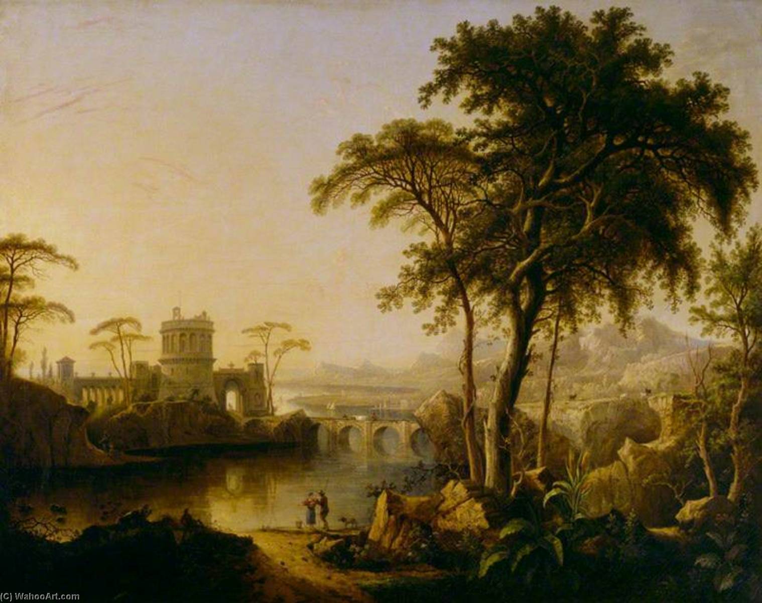 Wikioo.org - The Encyclopedia of Fine Arts - Painting, Artwork by Sebastian Pether - A River Landscape with a Castle at Sunrise