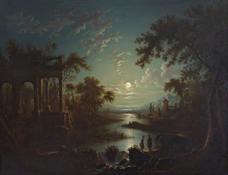 Wikioo.org - The Encyclopedia of Fine Arts - Painting, Artwork by Sebastian Pether - Moonlit River Scene with a Capriccio of Ruins
