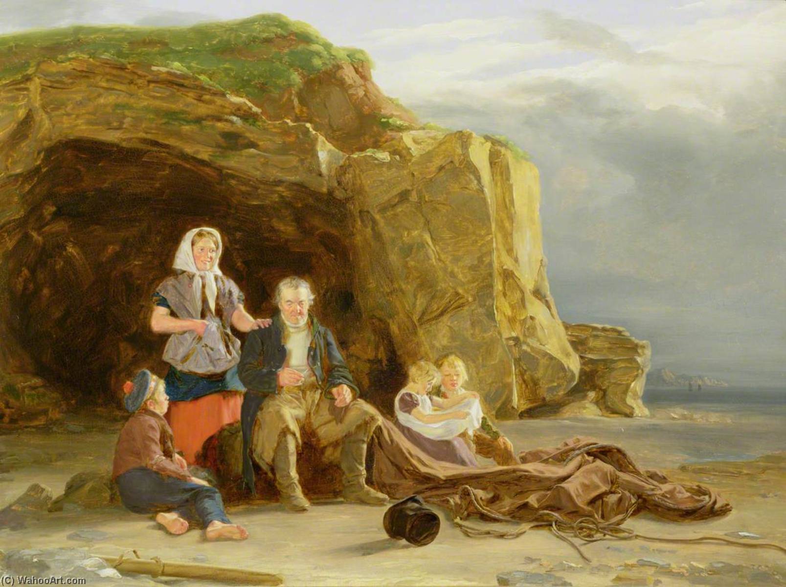 Wikioo.org - The Encyclopedia of Fine Arts - Painting, Artwork by Thomas Sword Good - Coastal Scene with Figures Mending Nets