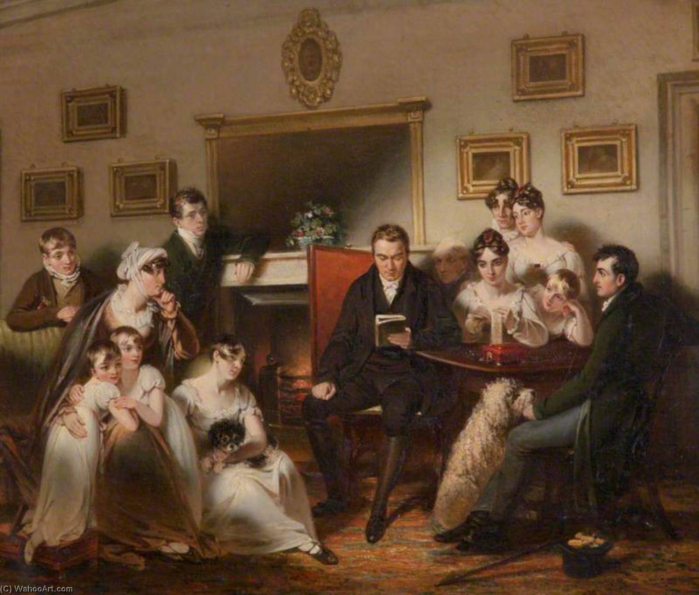 Wikioo.org - The Encyclopedia of Fine Arts - Painting, Artwork by Henry Singleton - The Pastor's Fireside The family of Sir Thomas Acland, 10th Bt, Being Read to by the Vicar of Silverton