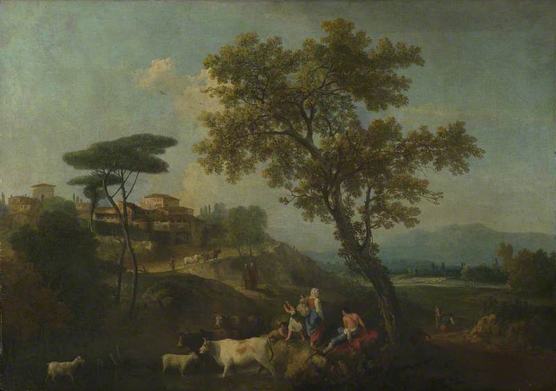 Wikioo.org - The Encyclopedia of Fine Arts - Painting, Artwork by Francesco Zuccarelli - Landscape with Cattle and Figures