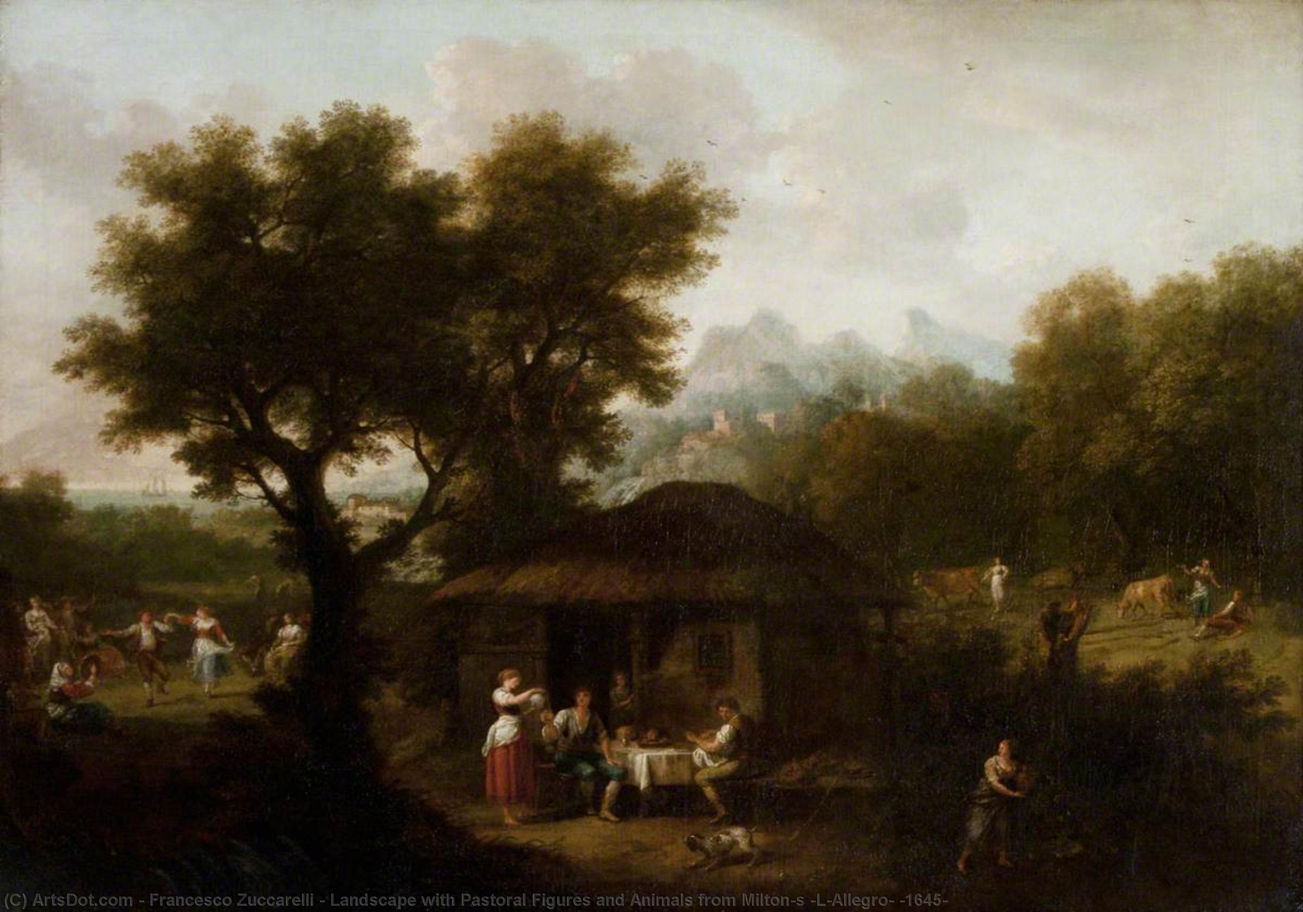 Wikioo.org - The Encyclopedia of Fine Arts - Painting, Artwork by Francesco Zuccarelli - Landscape with Pastoral Figures and Animals from Milton's 'L'Allegro' (1645)