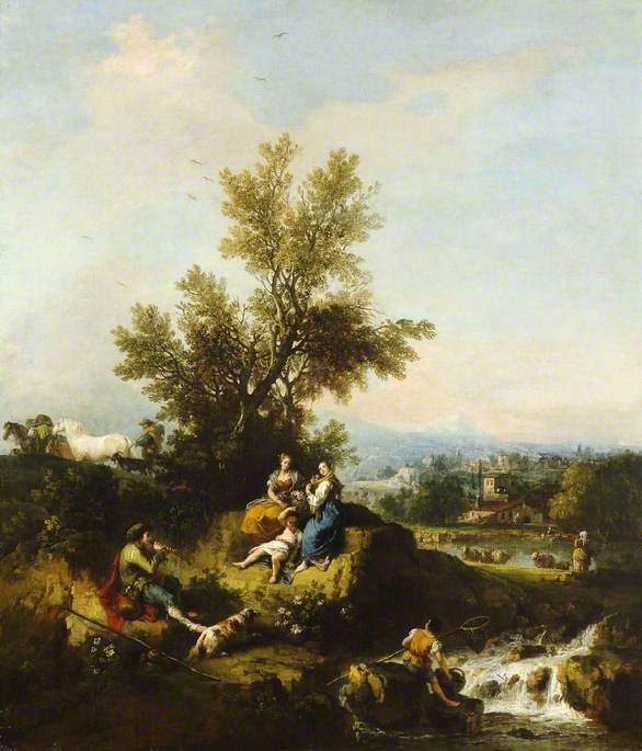 Wikioo.org - The Encyclopedia of Fine Arts - Painting, Artwork by Francesco Zuccarelli - Italianate Wooded River Landscape with a Piping Shepherd, Two Women and a Child
