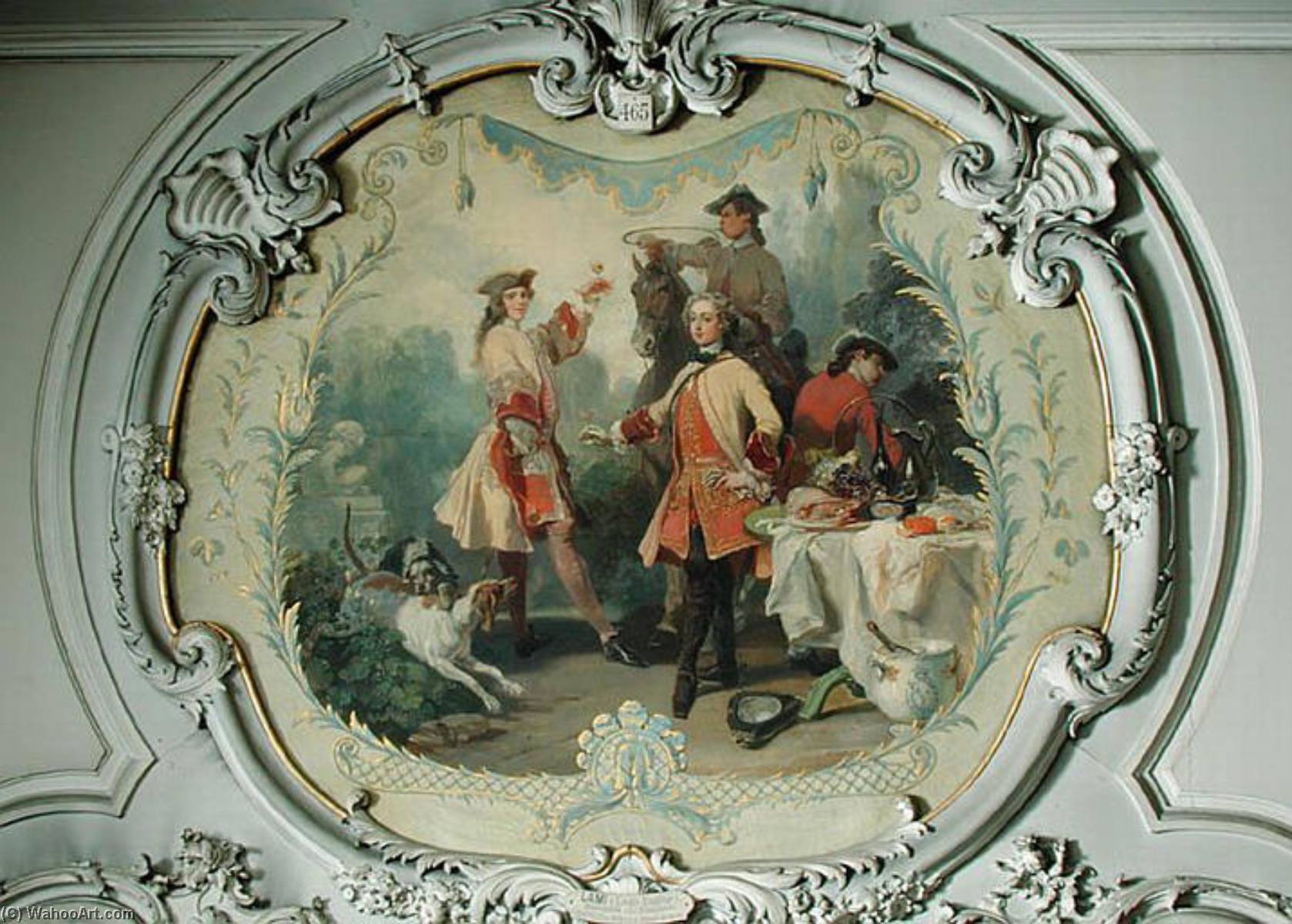 Wikioo.org - The Encyclopedia of Fine Arts - Painting, Artwork by Eugene Louis Lami - CHANTILLY AU XVIIIE SIECLE, DEJEUNER DE CHASSE