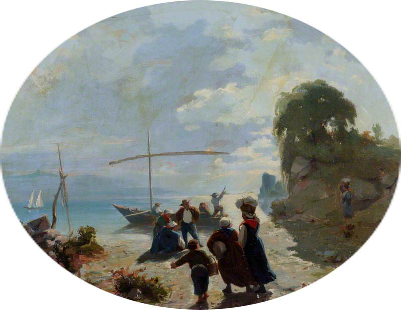 Wikioo.org - The Encyclopedia of Fine Arts - Painting, Artwork by Francois Bocion - Landscape The Shore of a Lake, with Figures