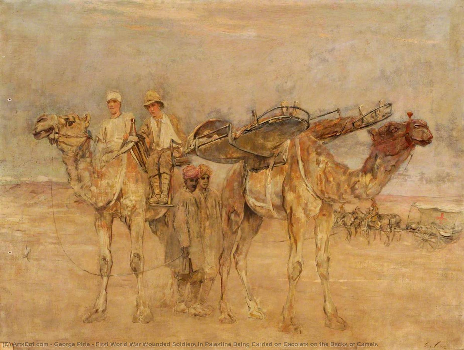 Wikioo.org - The Encyclopedia of Fine Arts - Painting, Artwork by George Pirie - First World War Wounded Soldiers in Palestine Being Carried on Cacolets on the Backs of Camels