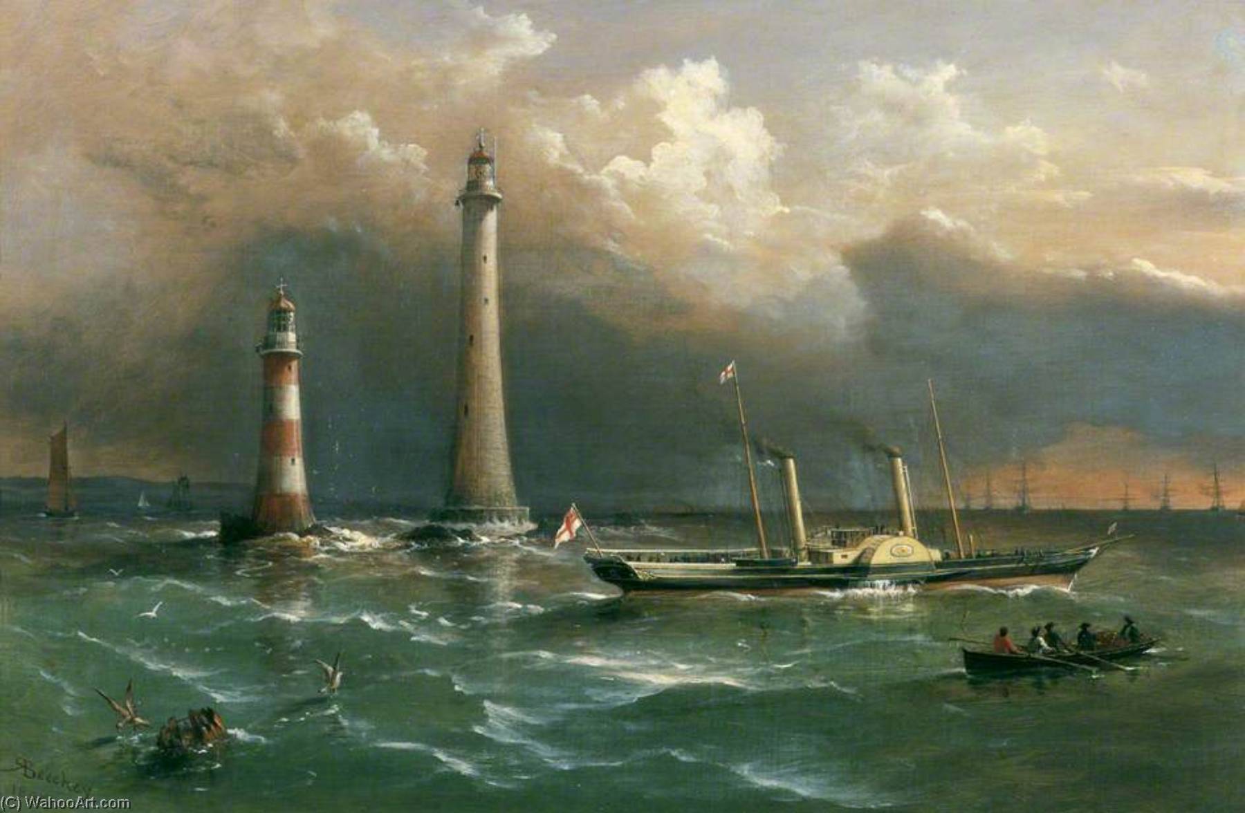 Wikioo.org - The Encyclopedia of Fine Arts - Painting, Artwork by Richard Brydges Beechey - HMS 'Vivid' Passing the Old and New Eddystone Lighthouses, the Channel Squadron in the Distance