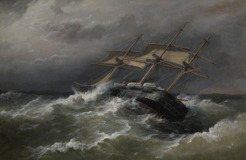 Wikioo.org - The Encyclopedia of Fine Arts - Painting, Artwork by Richard Brydges Beechey - ‘HMS Defence’ off Vigo, Spain, in Heavy Sea, 7 December 1876 (Captain, Ralph P. Cator)