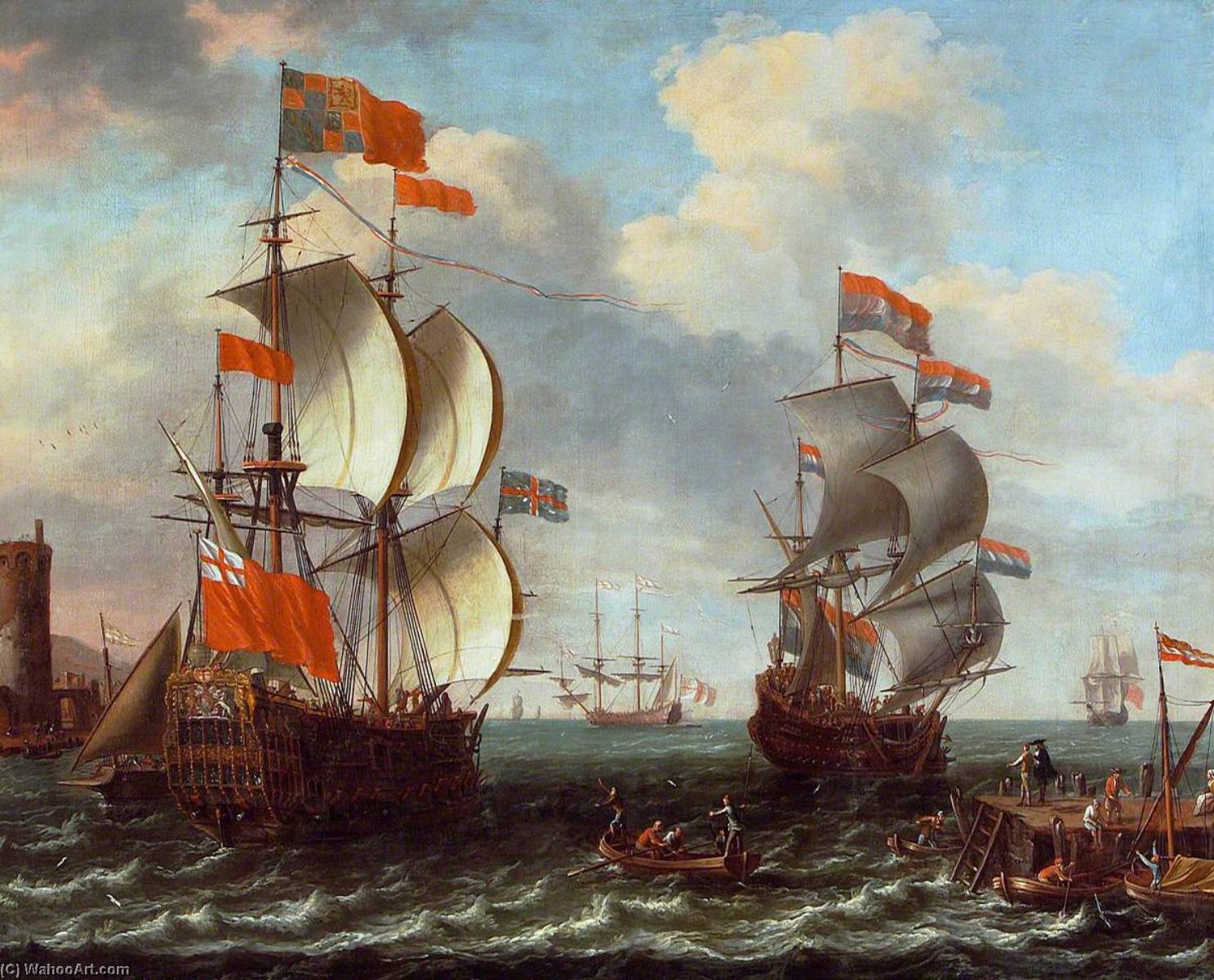 WikiOO.org - Encyclopedia of Fine Arts - Lukisan, Artwork Lorenzo A Castro - Men O'War and Shipping off a Jetty