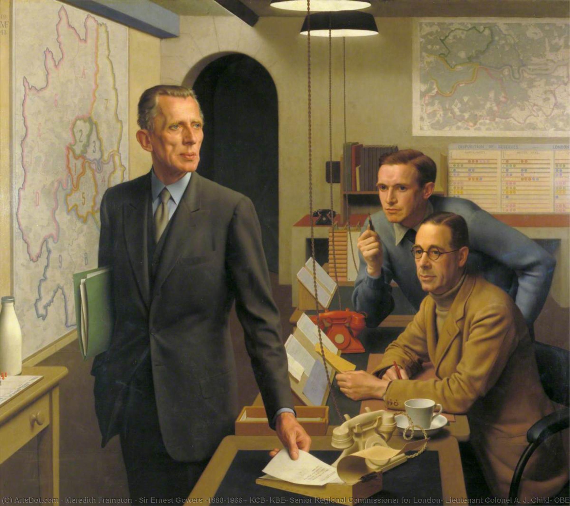 WikiOO.org - Enciclopédia das Belas Artes - Pintura, Arte por Meredith Frampton - Sir Ernest Gowers (1880–1966), KCB, KBE, Senior Regional Commissioner for London, Lieutenant Colonel A. J. Child, OBE, MC, Director of Operations and Intelligence, and K. A. L. Parker, Deputy Chief Administrative Officer, in the London Regional Civil Defe
