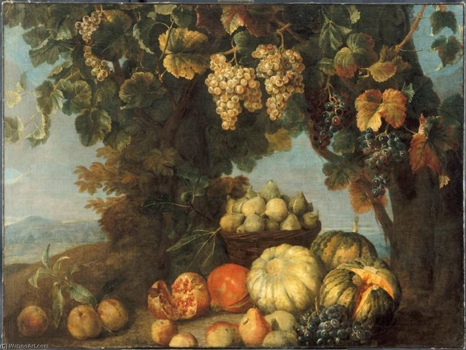 Wikioo.org - The Encyclopedia of Fine Arts - Painting, Artwork by Alexandre François Desportes - Nature morte de fruits dans un paysage