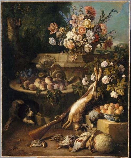 WikiOO.org - Encyclopedia of Fine Arts - Lukisan, Artwork Alexandre François Desportes - Gibier, fleurs, fruits et un chien