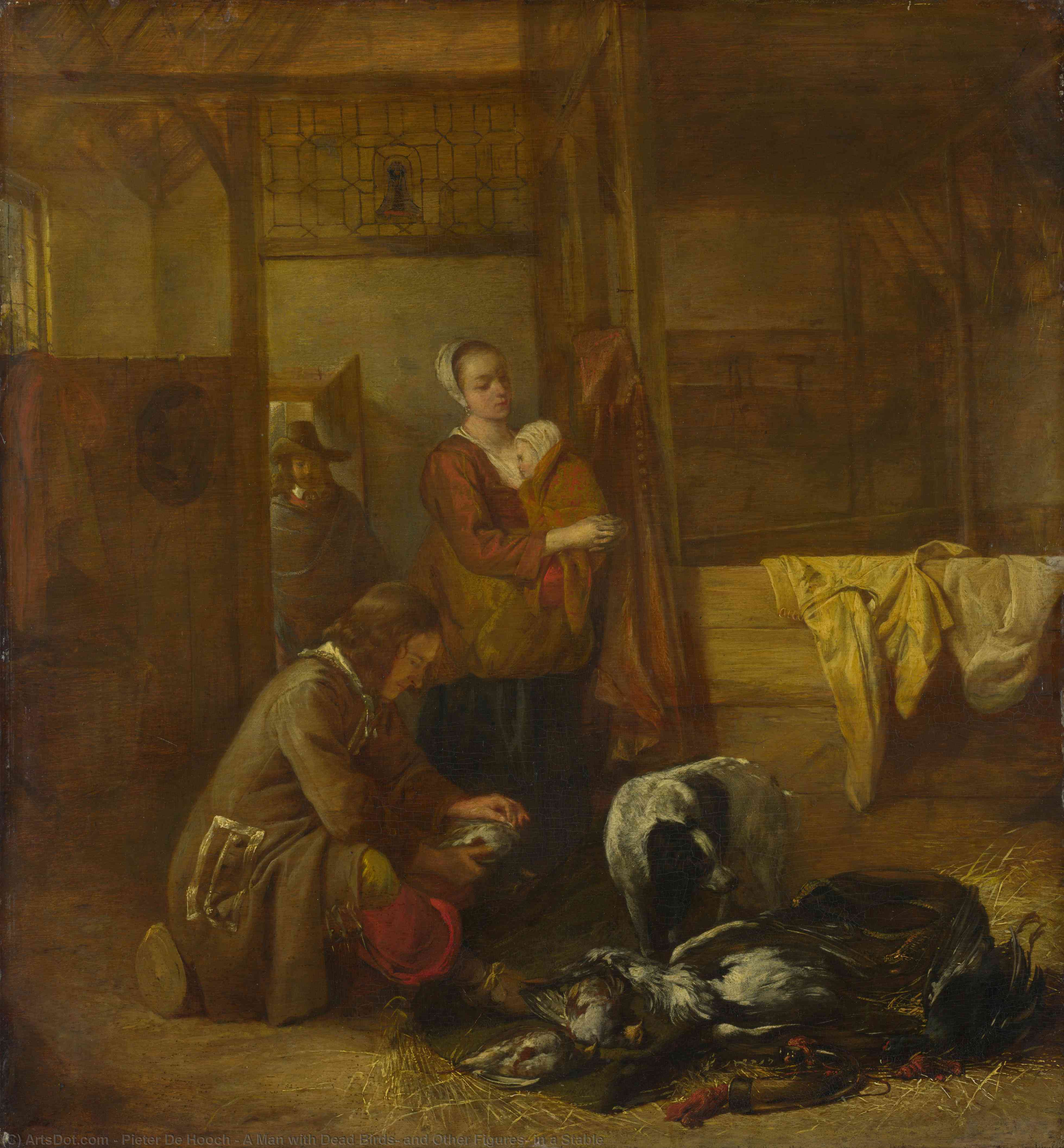 Wikioo.org - The Encyclopedia of Fine Arts - Painting, Artwork by Pieter De Hooch - A Man with Dead Birds, and Other Figures, in a Stable