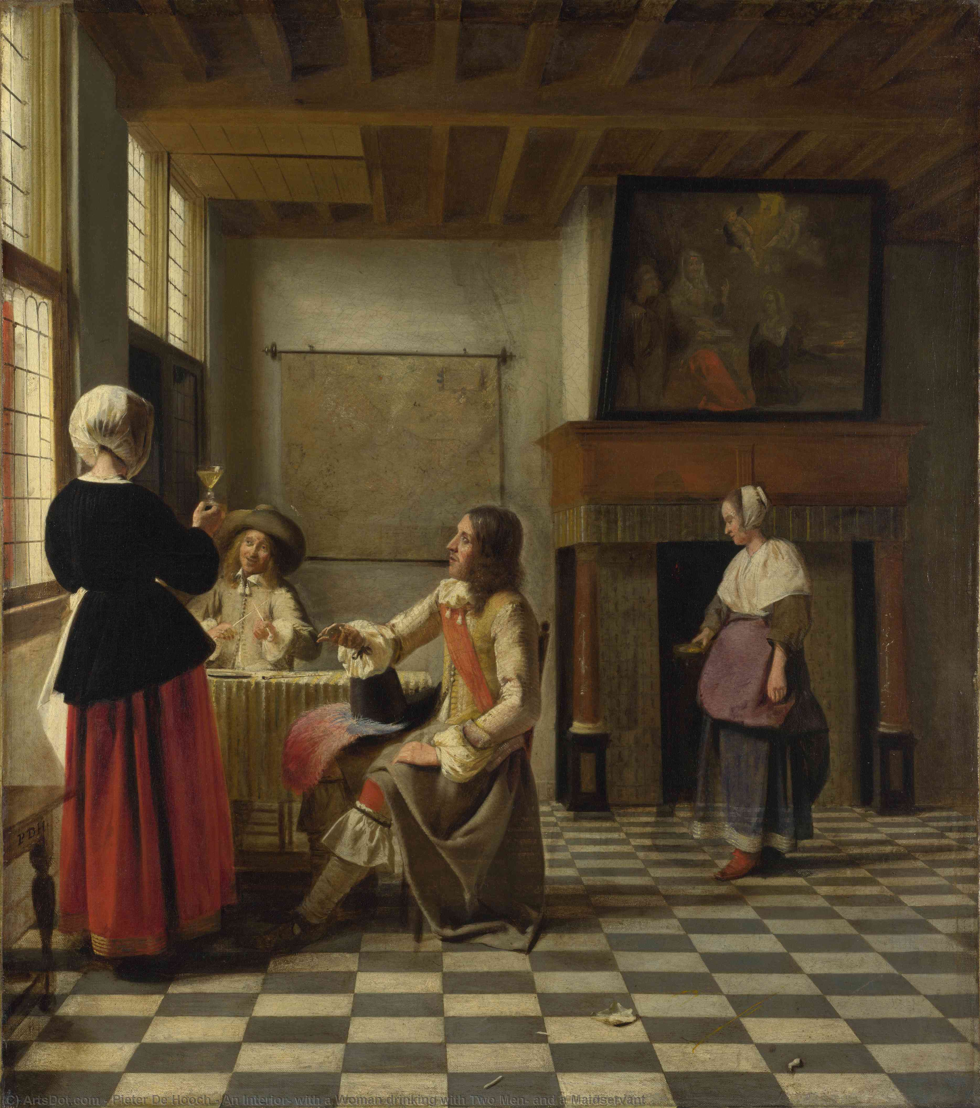 Wikioo.org – L'Enciclopedia delle Belle Arti - Pittura, Opere di Pieter De Hooch - un interno , con una La donna che beve con due Uomini , e un Serva