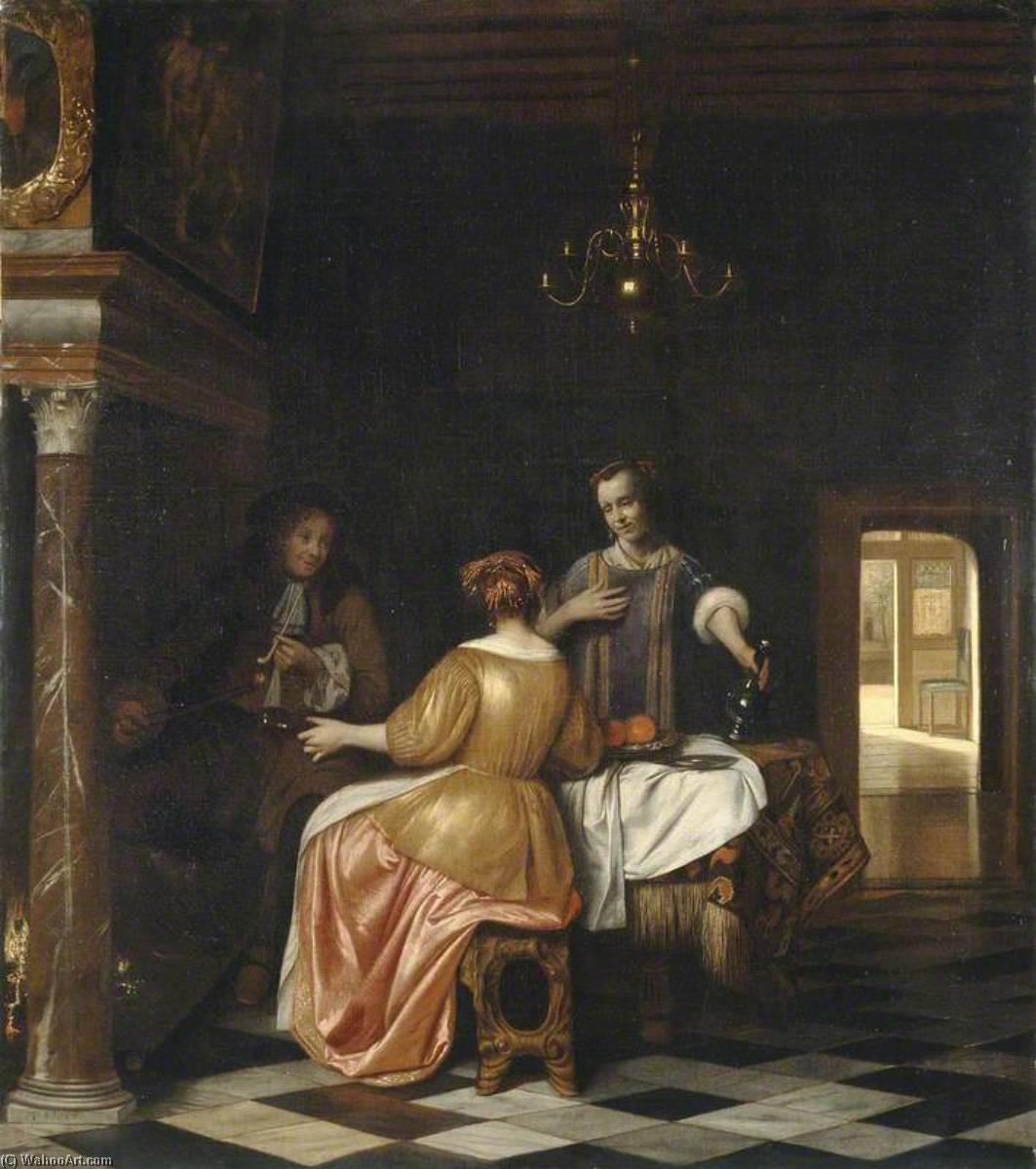 Wikioo.org - The Encyclopedia of Fine Arts - Painting, Artwork by Pieter De Hooch - Interior with a Gentleman and Two Ladies Conversing