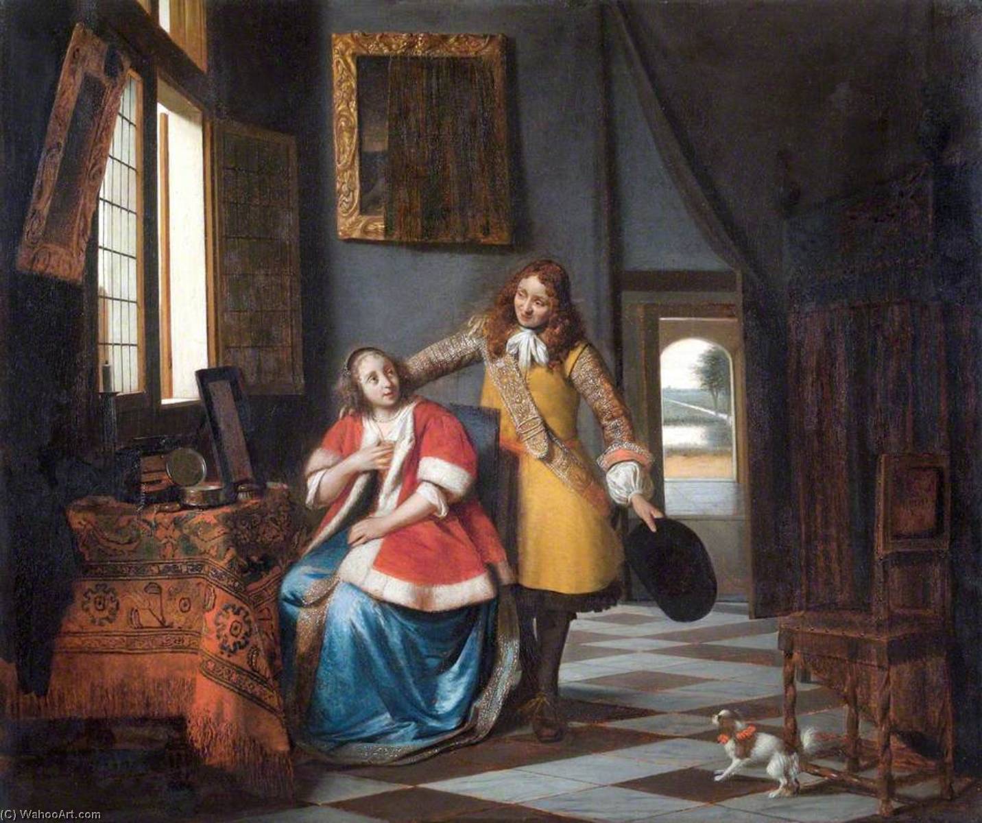 Wikioo.org - The Encyclopedia of Fine Arts - Painting, Artwork by Pieter De Hooch - The Intruder A Lady at Her Toilet Surprised by Her Lover