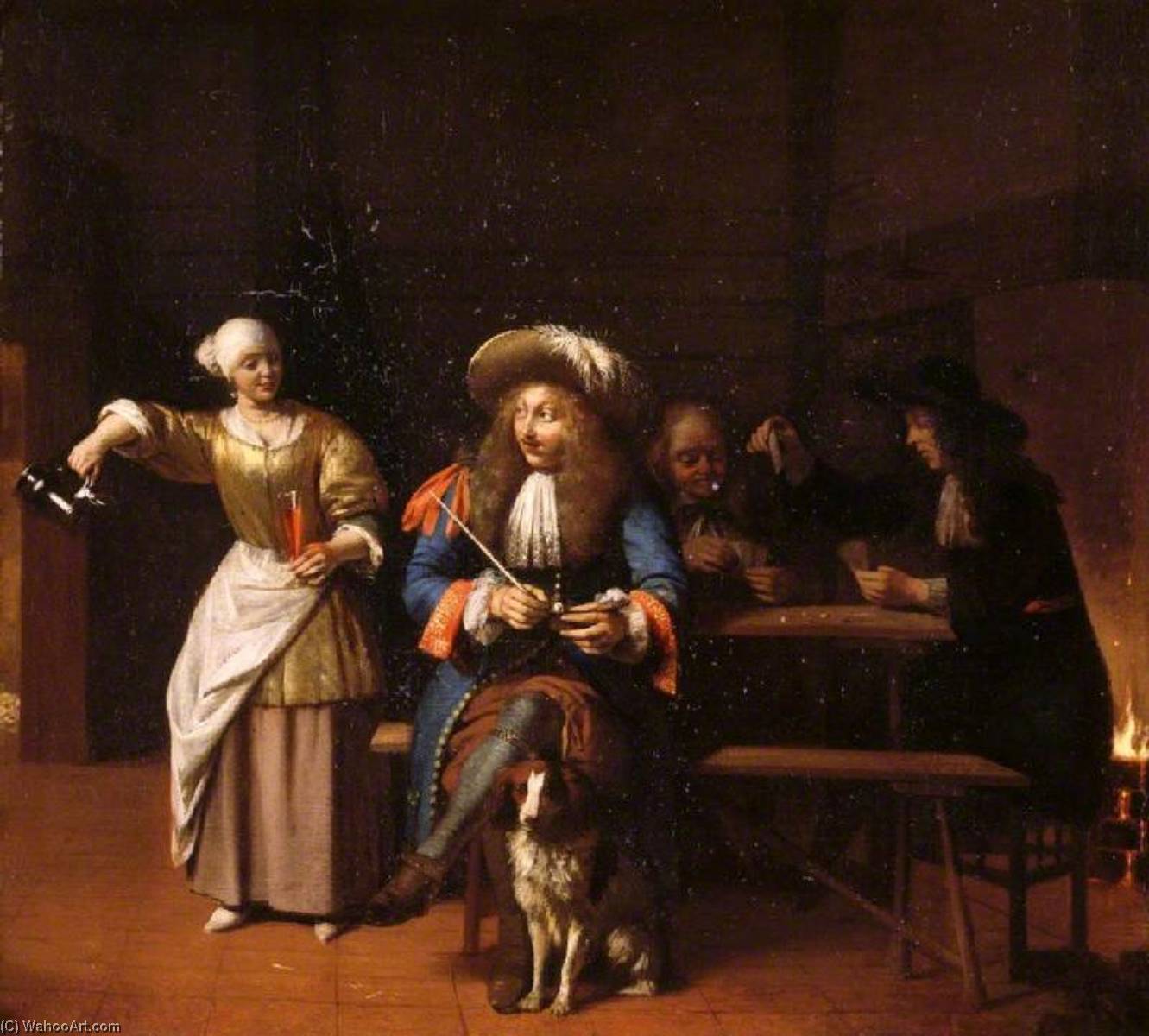 Wikioo.org - The Encyclopedia of Fine Arts - Painting, Artwork by Pieter De Hooch - The Empty Jug A Tavern Scene with a Serving Wench, a Gentleman with a Pipe and a Dog, and Card Players