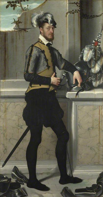 Wikioo.org - The Encyclopedia of Fine Arts - Painting, Artwork by Giovanni Battista Moroni - A Knight with his Jousting Helmet ('Il Cavaliere dal Piede Ferito', Conte Faustino Avogadro ( ) )