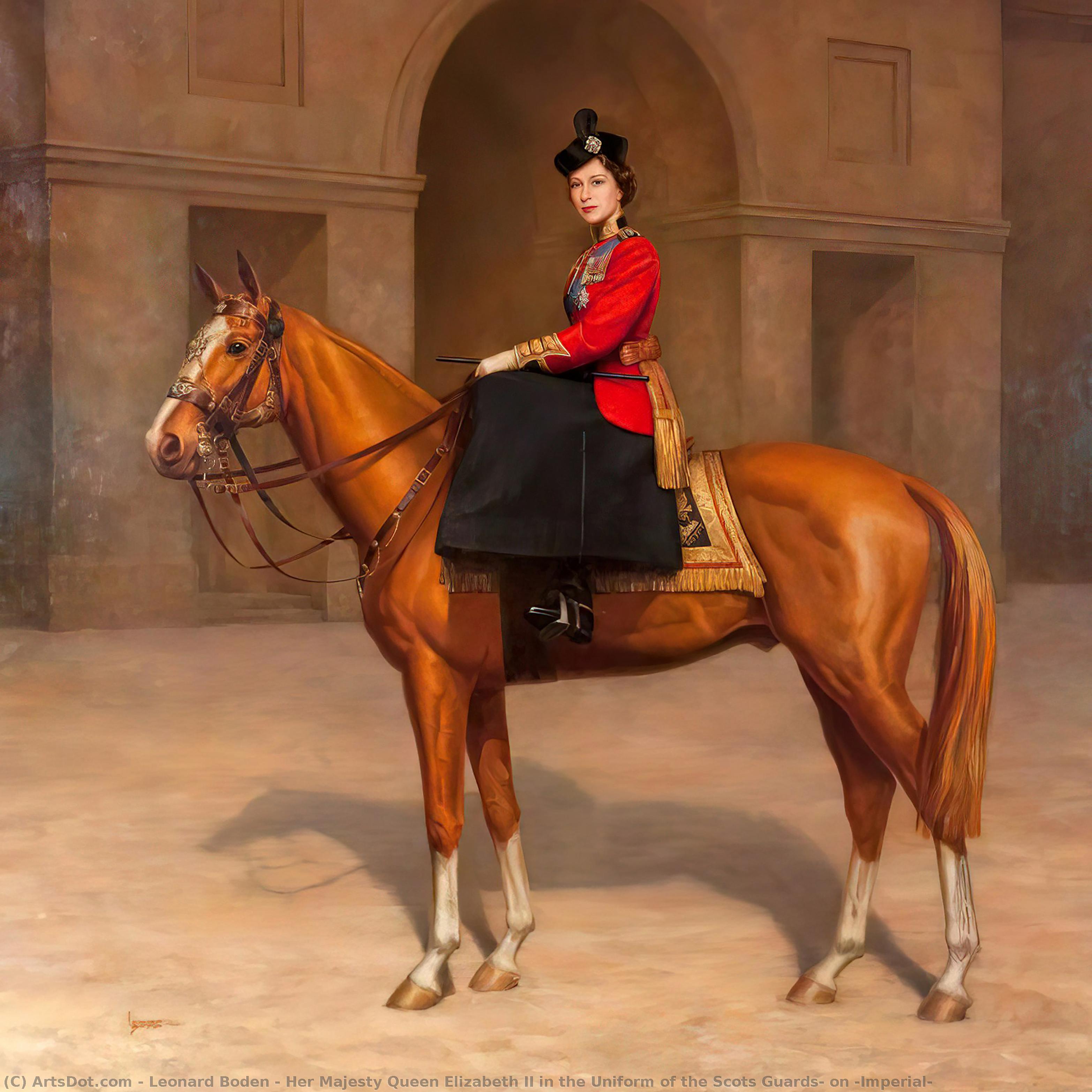 Wikioo.org - The Encyclopedia of Fine Arts - Painting, Artwork by Leonard Boden - Her Majesty Queen Elizabeth II in the Uniform of the Scots Guards, on 'Imperial'
