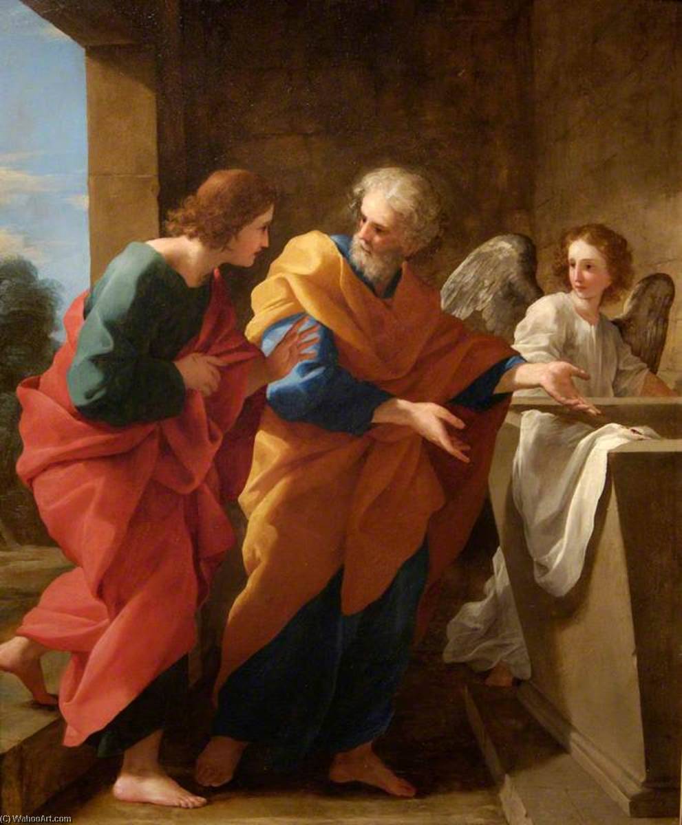 Wikioo.org - The Encyclopedia of Fine Arts - Painting, Artwork by Giovanni Francesco Romanelli - St John and St Peter at the Empty Tomb of Christ
