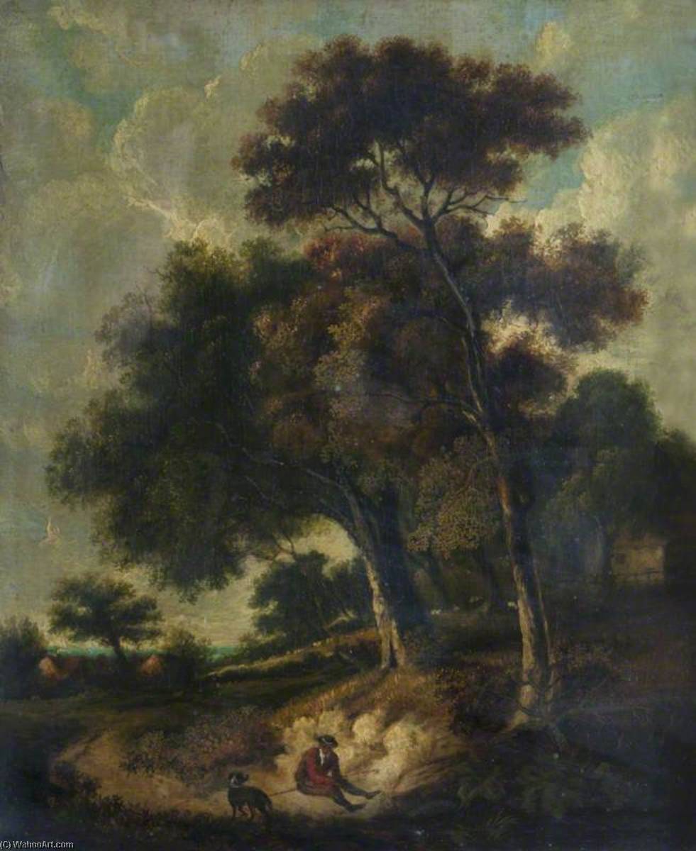 Wikioo.org - The Encyclopedia of Fine Arts - Painting, Artwork by Robert Ladbrooke - Man and Dog on a Path in a Wooded Landscape