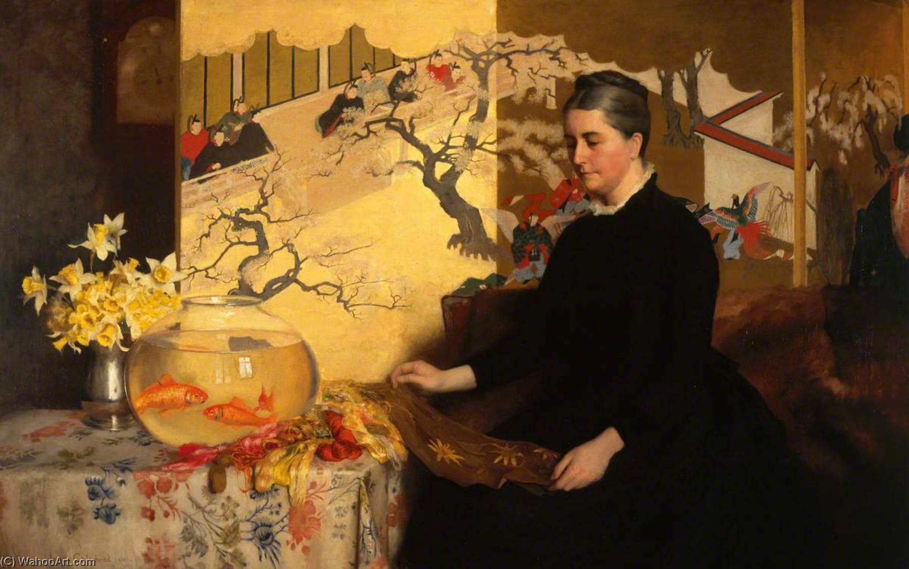 Wikioo.org - The Encyclopedia of Fine Arts - Painting, Artwork by James Cadenhead - Lady with a Japanese Screen and Goldfish (The Artist's Mother)