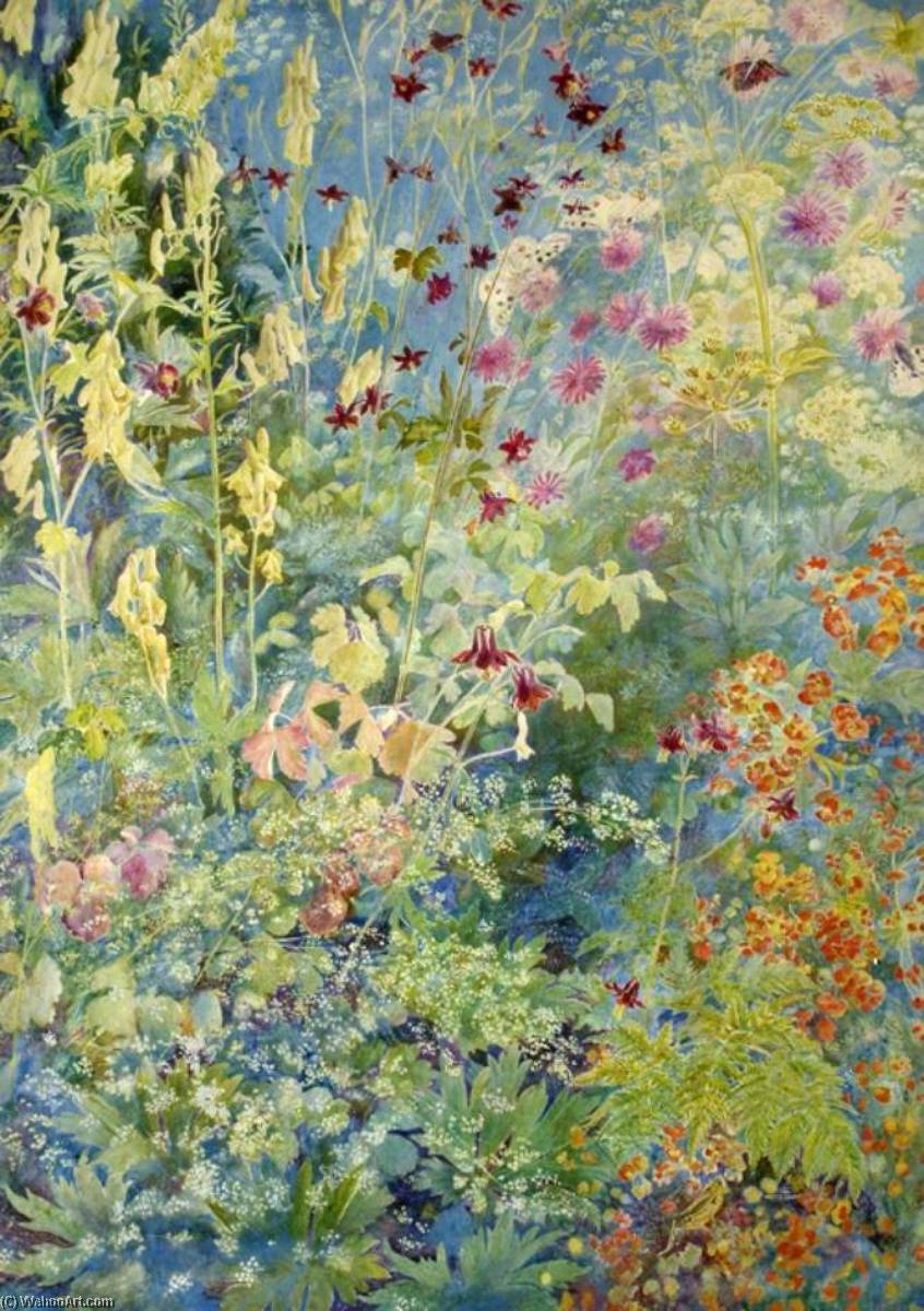 Wikioo.org - The Encyclopedia of Fine Arts - Painting, Artwork by Christiana Jane Herringham - Pink Aquilegia, Yellow Foxgloves, Cow Parsley