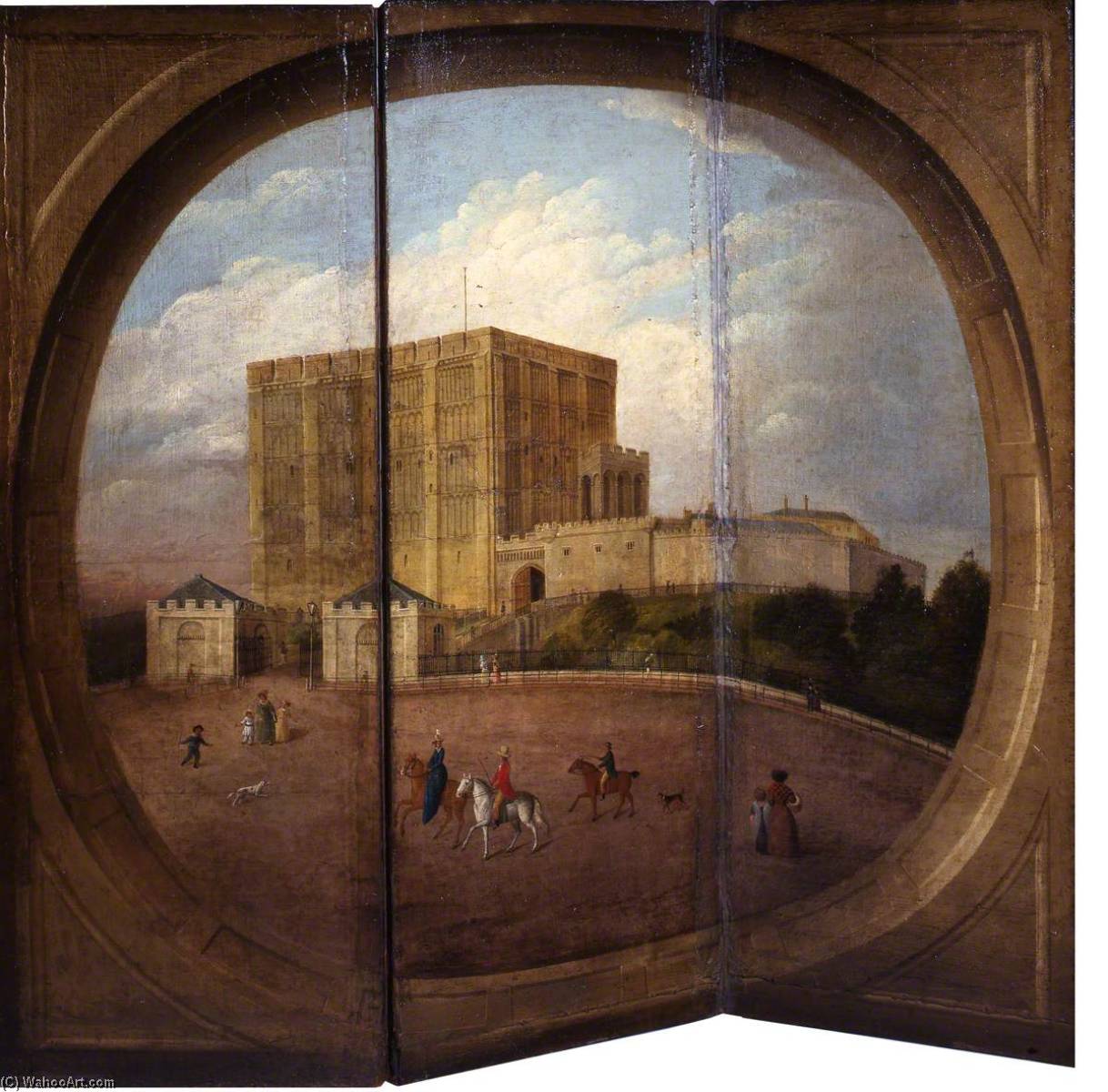 Wikioo.org - The Encyclopedia of Fine Arts - Painting, Artwork by James Sillett - Three Panel Screen with a View of Norwich Castle, Norfolk (verso)