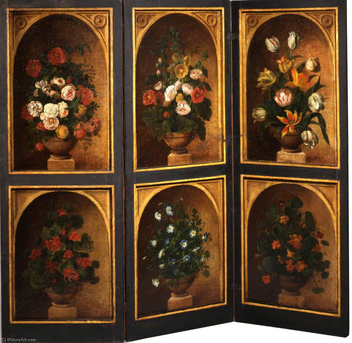 Wikioo.org - The Encyclopedia of Fine Arts - Painting, Artwork by James Sillett - Three Panel Screen with Six Flower Pieces (recto)