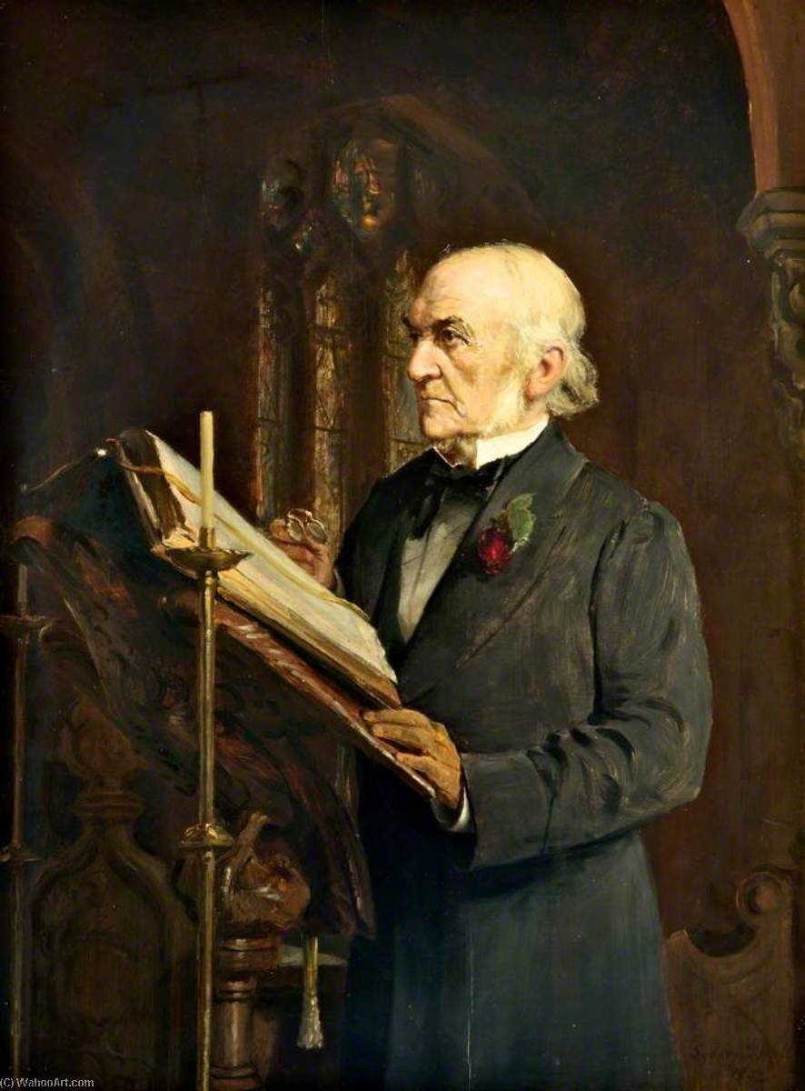 Wikioo.org - The Encyclopedia of Fine Arts - Painting, Artwork by Sydney Prior Hall - Gladstone Reading the Lesson in Hawarden Church