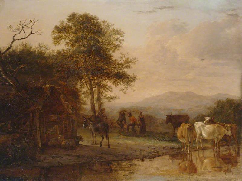 Wikioo.org - The Encyclopedia of Fine Arts - Painting, Artwork by Paulus Potter - Evening Landscape with Cattle and Peasants Dancing to the Sound of a Pipe