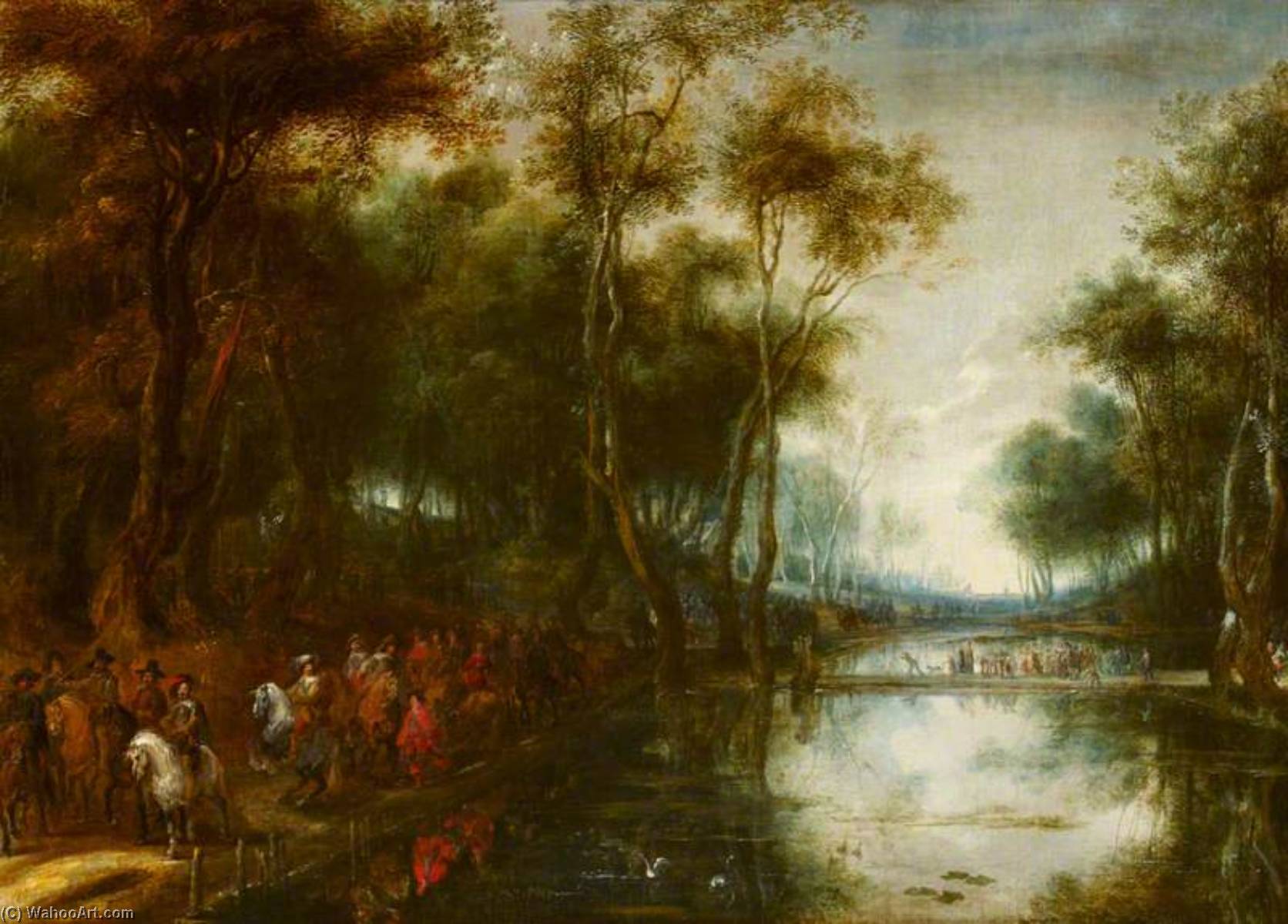 Wikioo.org - The Encyclopedia of Fine Arts - Painting, Artwork by Lucas Van Uden - A Procession of Cavalry Passing through a Wood beside Fishponds