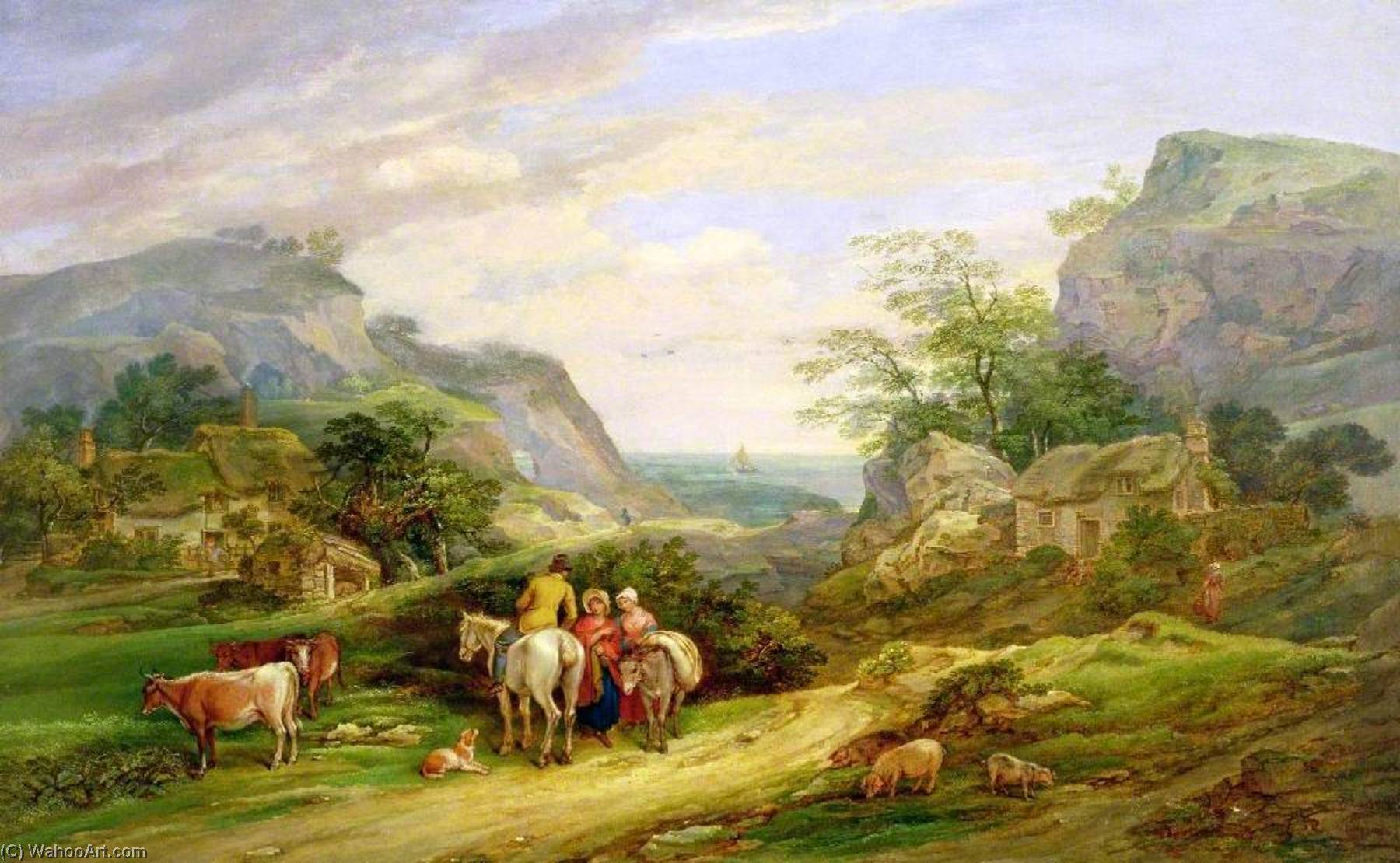 Wikioo.org - The Encyclopedia of Fine Arts - Painting, Artwork by James Leakey - Landscape with Figures and Cattle, Sea in the Distance