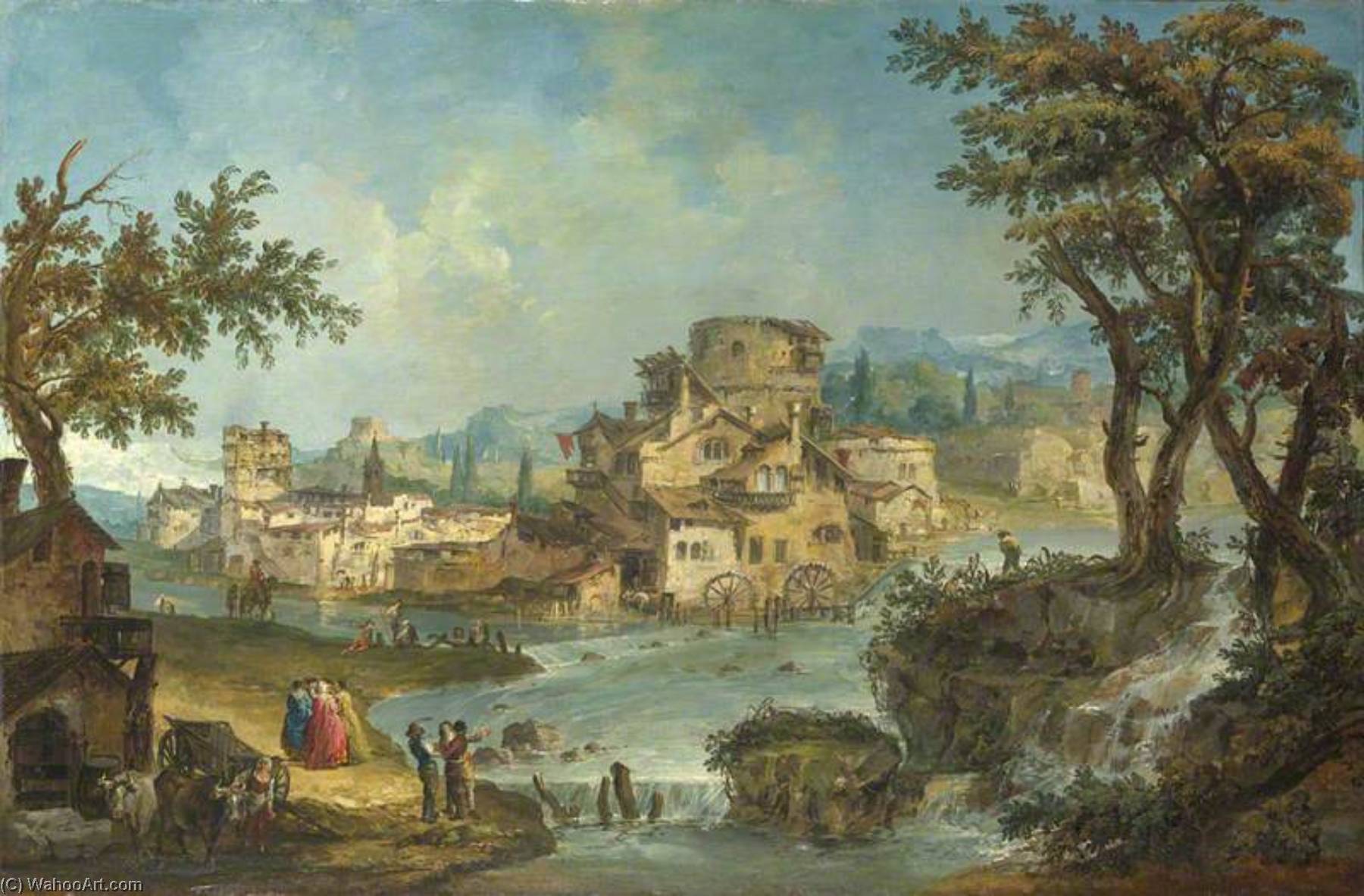 Wikoo.org - موسوعة الفنون الجميلة - اللوحة، العمل الفني Michele Giovanni Marieschi - Buildings and Figures near a River with Rapids