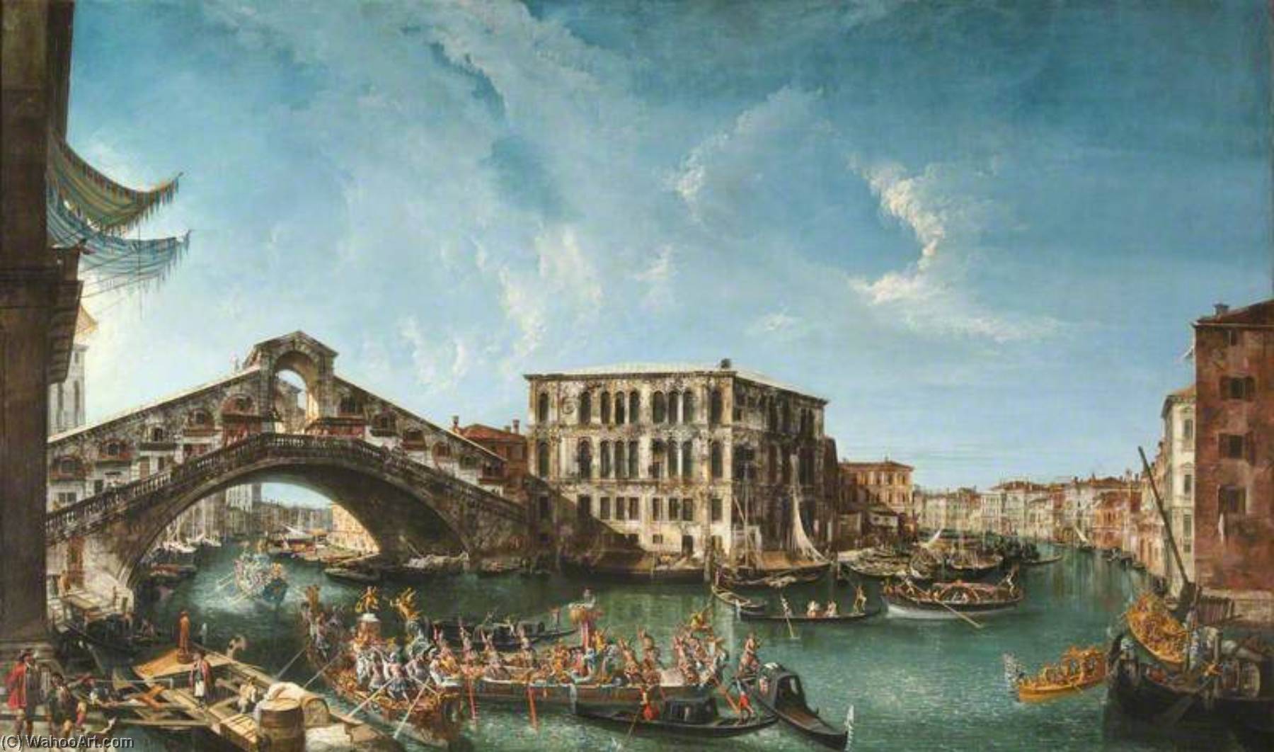 Wikioo.org - The Encyclopedia of Fine Arts - Painting, Artwork by Michele Giovanni Marieschi - View of the Rialto Bridge and the Palazzo dei Camerlenghi, with the Festive Entry of the Patriarch Antonio Correr in 1737