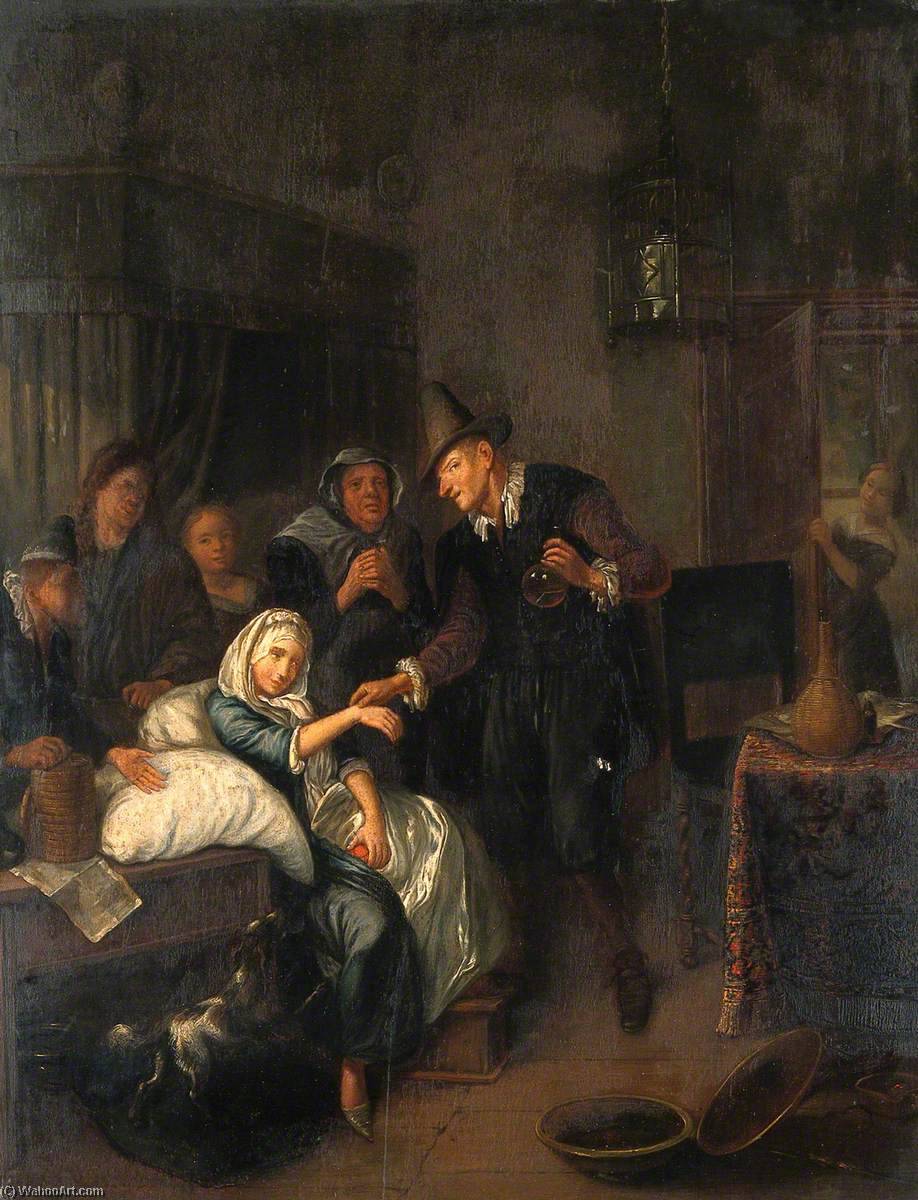 Wikioo.org - The Encyclopedia of Fine Arts - Painting, Artwork by Richard Brakenburg - A Medical Practitioner Taking a Girl's Pulse and Holding a Flask of Her Urine