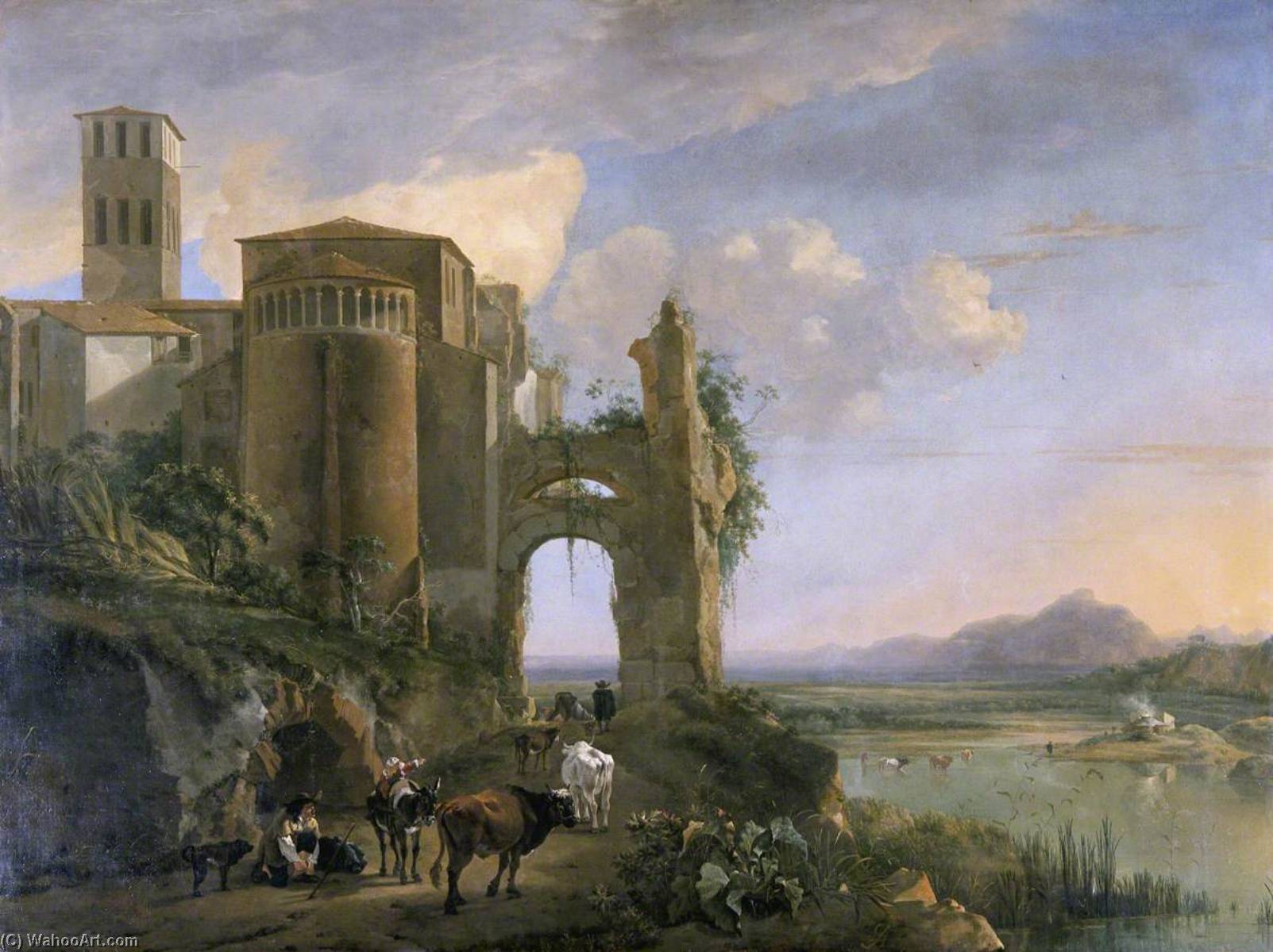 Wikioo.org - The Encyclopedia of Fine Arts - Painting, Artwork by Jan Asselijn - River Landscape with the Church of Santi Giovanni e Paolo