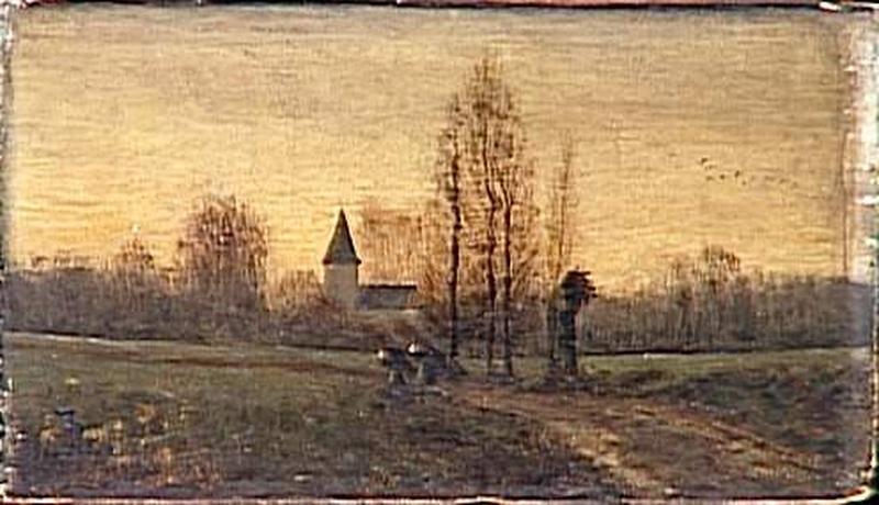 Wikioo.org - The Encyclopedia of Fine Arts - Painting, Artwork by Ferdinand Heilbuth - Paysage avec une église et deux femmes portant des fagots