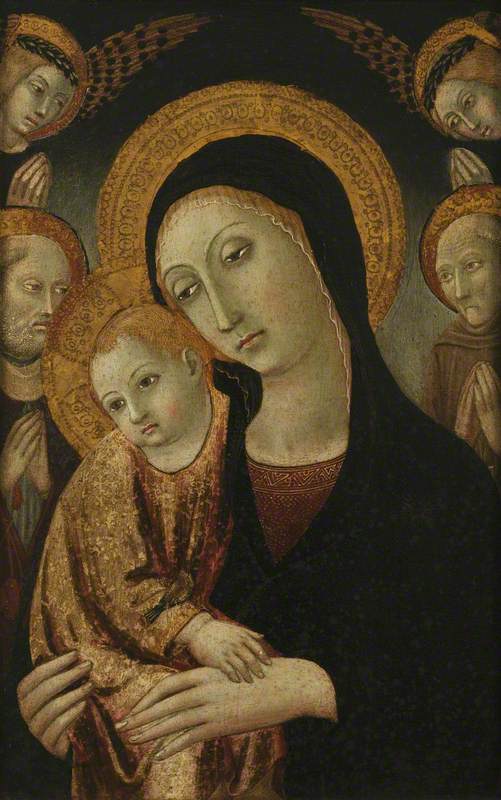 Wikioo.org - The Encyclopedia of Fine Arts - Painting, Artwork by Ansano Di Pietro Di Mencio - The Virgin and Child with Saints Jerome and Bernardin of Siena, and Two Angels Above